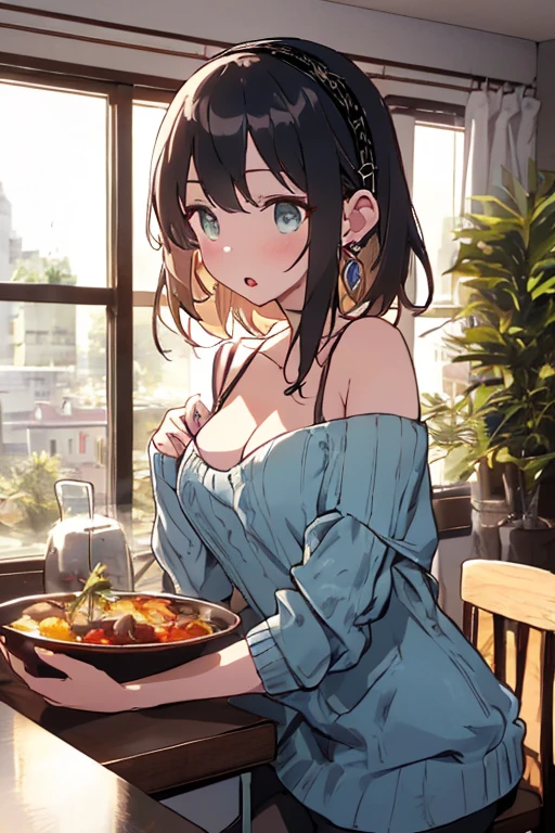 (from above:1.0),(from side:0.9),masterpiece, 1girl, Amazing Cleavage:1.1, thin waist, big ass, Raised sexy, small breast: 1.3, posed cleavage:1.2、solo, looking at viewer, open mouth, have a cute grass of cute beergrass,black hair, dark green eyes, dress, bare shoulders, jewelry, collarbone, sidelocks, hairband, earrings, indoors, off shoulder, :o, sweater, arms behind back, plant, short hair with long locks, gild hairband, off-shoulder dress, sweater dress, off-shoulder sweater, red sweater, dark gord hair, big side hair, very long side hair,is rendered in (masterpiece: 1.2, best quality), with (ultra high resolution) and an exquisite (depth of field). This masterpiece is not only visually stunning but also tells,A scene of cooking in the kitchen by classroom