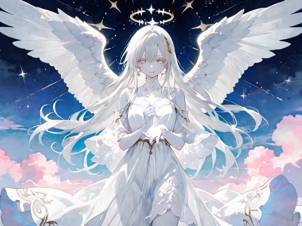 Watercolor-like,Faint and fleeting,A delicate and elegant girl, Long wavy hair that reaches the knees,White hair is very attractive, Detailed and precise manual work, Attractive girl, White cat ears, look at me, Purple eyes and white eyelashes,Her cheeks turned red,Big angel wings, A subject that stands out against the dark night sky,A girl surrounded by purple flowers, White Dress, Dramatic moonlight that makes your subject stand out,star,惑star, barefoot,Ankle decoration,floating、Night Sky Girl。