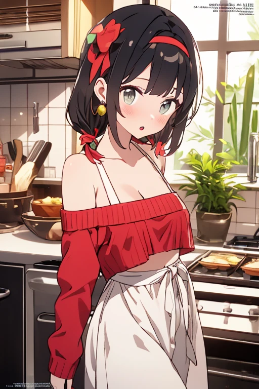 (perky chest:1.2), (pointed chest:1.2),(farmhouse entrance:1.3),(((Red Tunic:1.3))),(((apples and bread in the basket),Cute and beautiful girl,Cute round face,Cute smile,with blush cheeks,Red Lip,solo, looking at viewer, open mouth, have a cute glass of beergrass,black hair, dark green eyes, dress, bare shoulders,collarbone, sidelocks, hairband, earrings wih jewelry, indoors, off shoulder, sweater, arms behind back, plant, short hair with long locks, gild hairband, off-shoulder dress, sweater dress, off-shoulder sweater, black sweater, dark gord hair, big side hair, very long side hair,is rendered in (masterpiece: 1.2, best quality), with (ultra high resolution) and an exquisite (depth of field). ,(Bangs are see-through bangs),hair pin,hair adornments,detailed clothes features,Detailed hair features,detailed facial features,(Dynamic angles),(Dynamic and sexy poses),clothes that emphasize big breasts,Cinematic Light,(masutepiece,top-quality,Ultra-high resolution) ,(The 8k quality,Anatomically accurate facial structure,),(Sea Art 2 Mode:1.3),(Image Mode Ultra HD,)