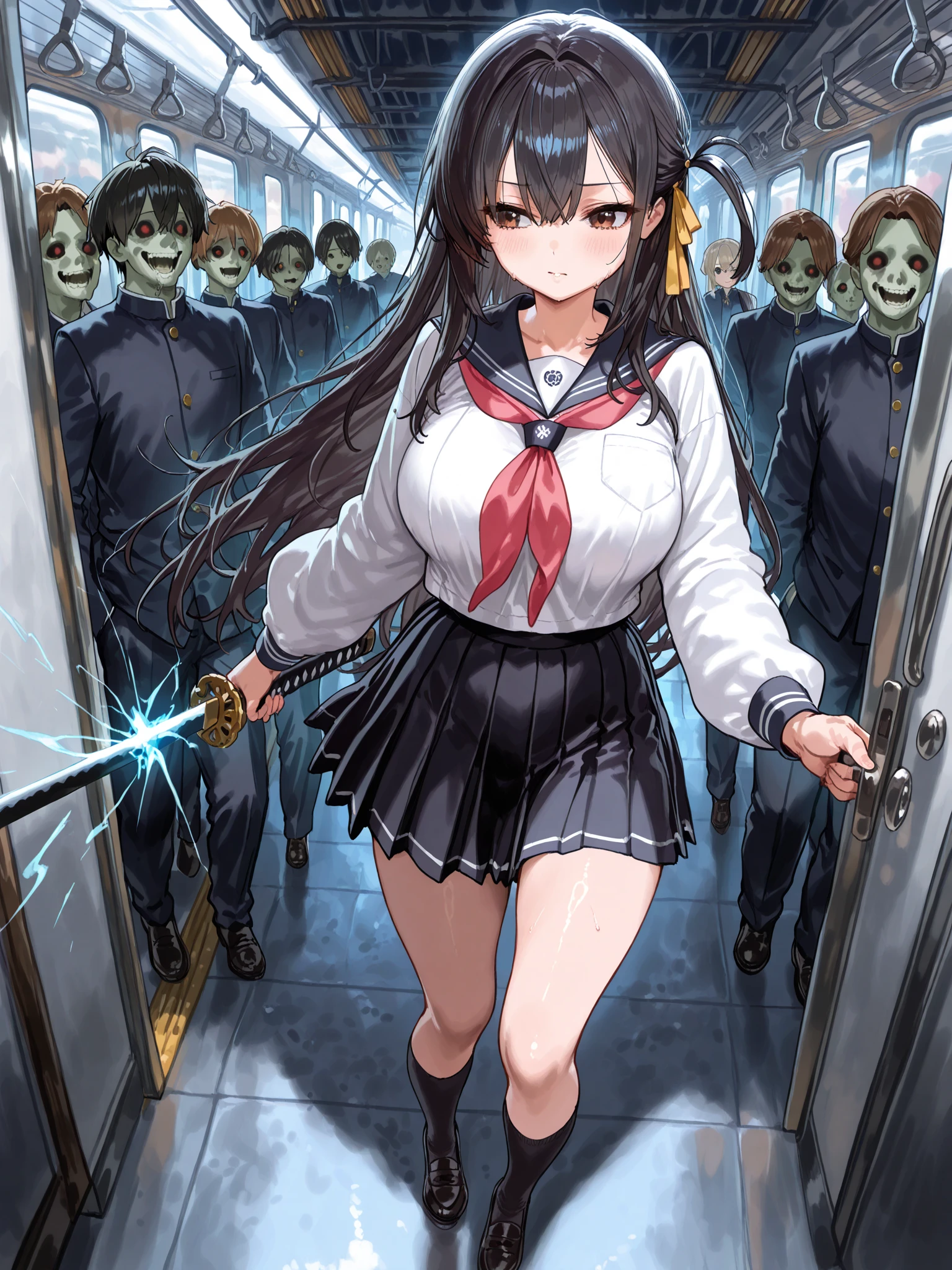 A woman facing off against multiple zombies jumping at her、(((masterpiece, highest quality:1.3,absurdres))),cowboy shot,18 year old beauty,solo,((very small head:1.4)),ponytail hair style,long hair,blunt bangs,black hair,glay eyes,Serious expression,blush,medium breasts,((very long body,slender body)),skinny,gleaming skin,shiny skin,   ,(High leg white leotard)、(Short sleeve、Navy blue sailor collar、Red neckerchief、white_thighhighs),    ,Fight monsters with a Japanese sword、Abandoned Factory、at night、