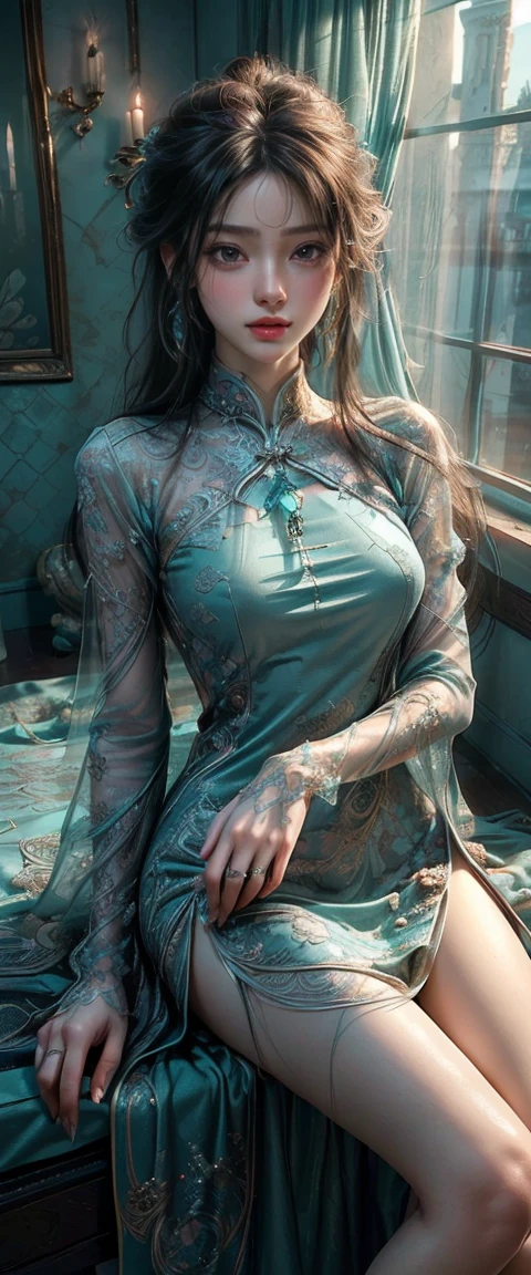 4K resolution,8K resolution,beautiful,Highest quality,Absolutely wonderful,Very detailed,Ultra-high resolution,masterpiece,Realistic,Realistic,Increased depth of field,Cinematic Light, One elegant mature woman, Long black hair,精巧なディテールのbeautiful顔,Face with a gentle expression,Transparent white skin,Very delicate skin texture,Great proportions,Glamorous Body,Anatomically correct body, high slit dress,Gorgeous colors,Gorgeous and detailed pattern,Beautifully detailed pattern,Detailed cloth texture, Dark Background, Dramatic Angle,