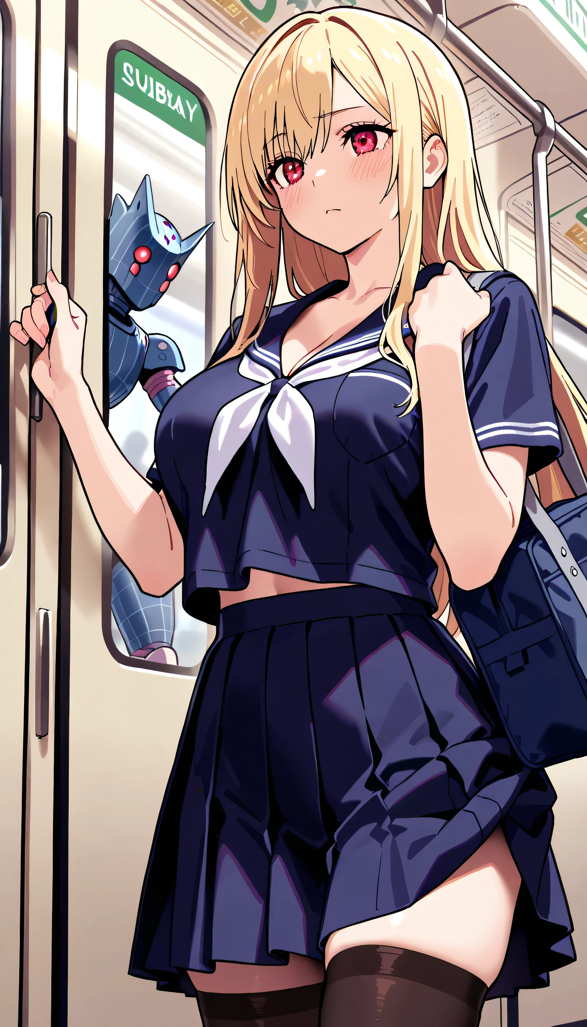 (Hide cleavage, best quality,Super detailed、 high res illustration,Ultra-high-definition CG,caustic, Improve skin quality,reality,masterpiece:1.2, high detail, Physical Beauty: 1.4 , Extremely Detailed Face and Skin Textures , beautiful eyes, double eyelids、8k、35mm Lens、Realistic: 1.37、Brighten the screen,17th Generation,Japanese,(Big Natural Breasts),((Red eyes)),((173cm)),((smile:0.3)),((((((Wow with Blonde Long Hair)),((dark blue sailor shirt,dark blue pleated skirt,Black Stockings)),((Subway, platform)),(((Three-Quarter Length))),(stand),((the skirt is caught in the bag and the pants are visible,the bag caused a skirt lift))