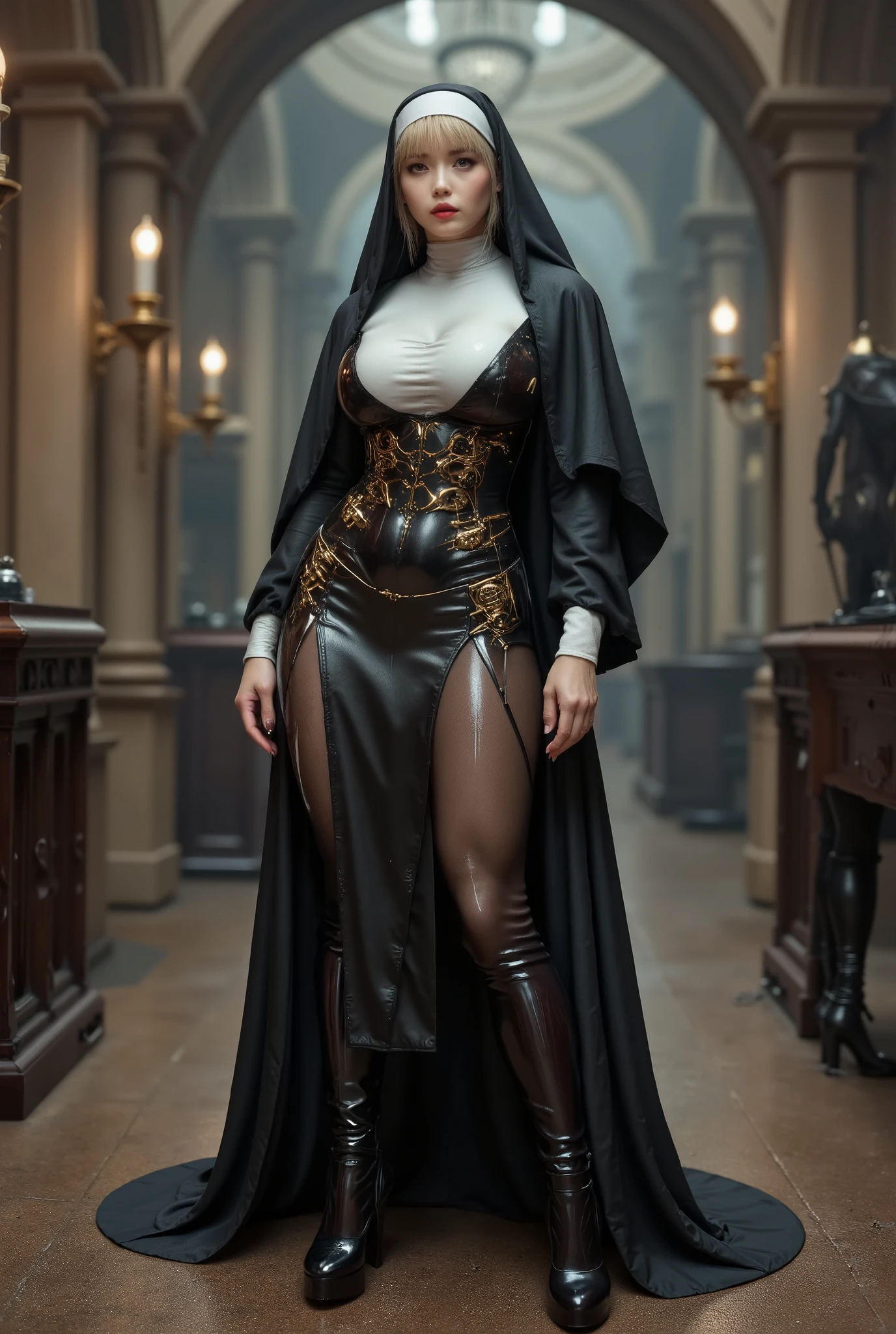 photo real. steampunk nun, with dark brown thigh high boots with 12 inch heels. looking to the side