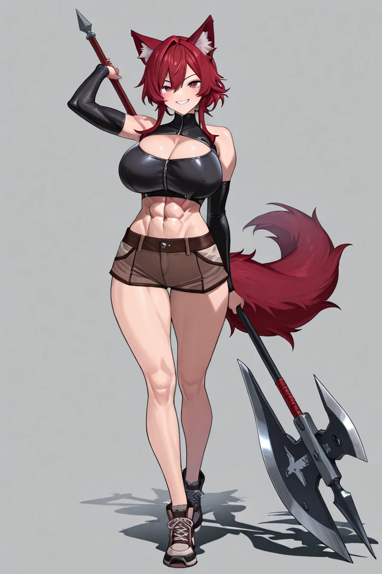 Fire horns, cyberpunk, armor in the style of Horizon Zero Dawn, Red-haired girl, fiery, green eyes, pigtails, a wreath of fire horns on her head, barbarian, a huge techno cannon in her hands, a huntress, bones on the body, insect plates, chitin, fur, small bones, light bones and red fur on the shoulders, dark leather stockings made of strips of cut leather on the legs, ropes and light bones on the body, thin panties, a small bra made of bones, bright red hair, jewelry made of horns, a fur gun. Instead of underpants, rope, bones and chitin, fur shoulder pads and with chitin, a tail of hair on the back of the head, a short haircut, a bionic cannon in the form of the mouth of a wolf, shark, dragon look up. The girl has green eyes, a playful look, a good-natured smile, a neat nose, tight panties, tight thongs, mini-underwear, leaky underwear, torn fabrics, a lot of torn fabrics, a lot of holes in fabrics, a cannon with a monster's head, a cannon barrel in the form of a monster, a flame bursts out of her mouth, a portal in a cannon. The girl has short hair, a ponytail at the back is short and looks up, fur shoulder pads, a jacket on the shoulders, a torn bra, the pubis is open, diagonal straps all over the body, powerful energy escapes from the open toothy mouth of a cannon, a bird's skull on a girl's belly, tattoos, vertebrae on the edges of stockings, cyberpunk, ethnic style of clothing, vintage clothes, worn, prehistoric style, prehistoric jacket, elbow pads made of insects, chitinous cannon, bionic cannon, torn jacket sleeves, chitinous plates on the jacket, flame flashes, cyberpunk, the whole cyberpunk style, a lot of technology, technologies of the future, futurism, science fiction, fantasy, wildness, sexuality, emphasized eroticism, cold lighting, flames from everywhere, a lot of fire, bones on the shoulders, small details on the shoulders, a skull on the belt, the girl has curly hair, tattoos on her face, maximum nudity, diagonals, caveman, prehistoric image,