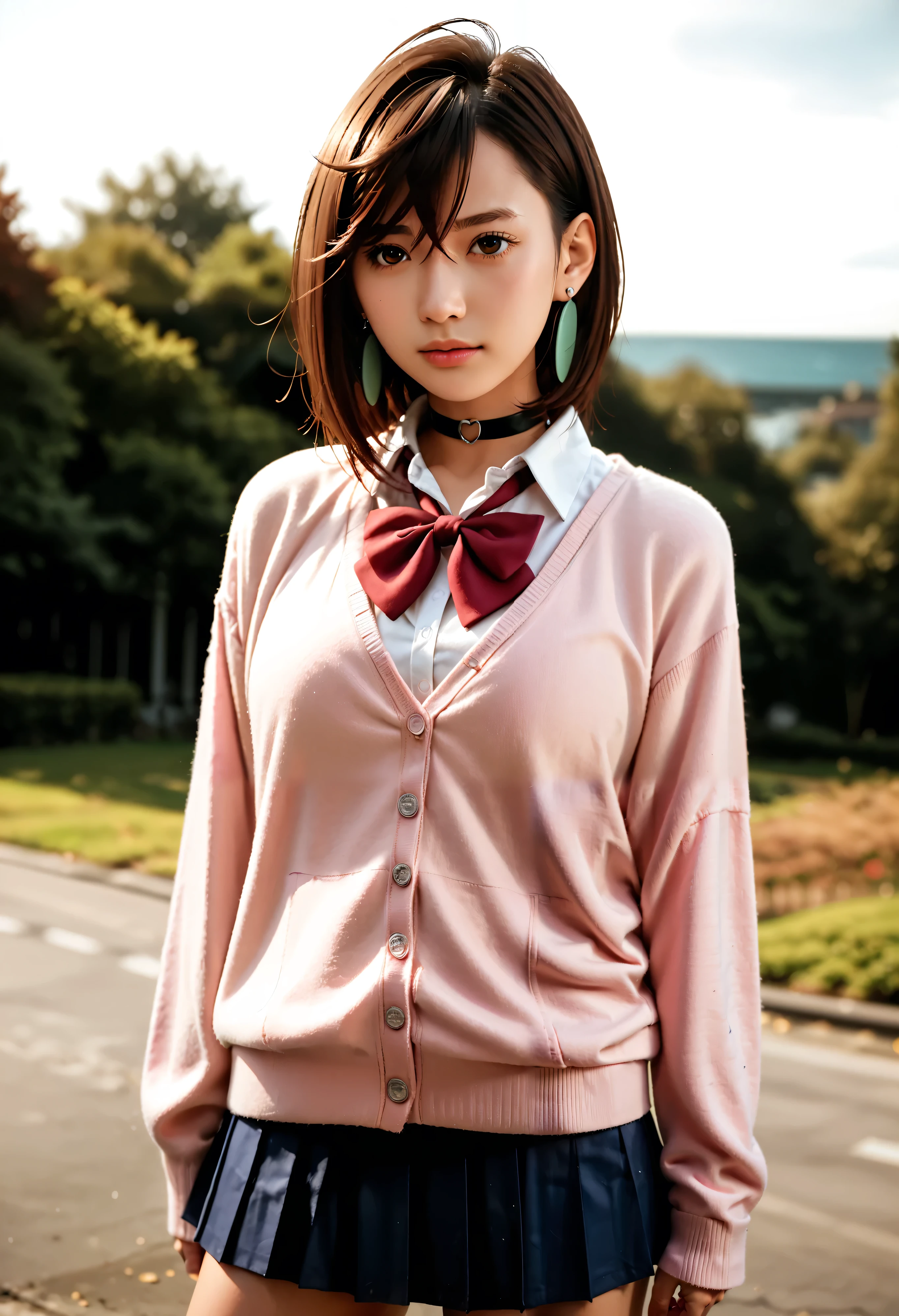 extremely high quality Photo, Momo Ayase, focus, realista, source_Photo, proper alignment, young japanese model, glamorous, sexy, seductive, portrait, detailed face, medium hair, brown hair, brown eyes, big breasts, shocks, choker, red tie, (pink cardigan:1.2), long cardigan , long sleeves, skirt blue, pleated skirt, school uniform, short skirts, earrings, loose socks, white socks