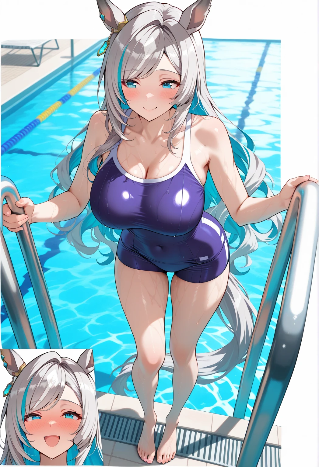 _asura style, 1girl, swimsuit, solo, breasts, one-piece_swimsuit, long_hair, armpits, looking_at_viewer, covered_navel, showering, school_swimsuit, shower_(place), wet, parted_lips, arms_up, hair_between_eyes, half-closed_eyes, bangs, large_breasts, arms_behind_head, blush, white_hair, shower_head, hands_in_hair, from_below, indoors, collarbone, blue_one-piece_swimsuit, cowboy_shot, grey_eyes, medium_breasts, very_long_hair