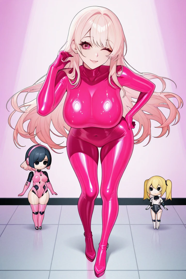 masterpiece, best quality, 1girl,blonde hair,Sui, (finely detailed heart shaped pupils and detailed face),,cowbody shot,lovestruck,extremely detailed picture unity 8k wallpaper,solo,(latex maid costume:0.9),glamour body,seductive smile,latex thighhigh,from below