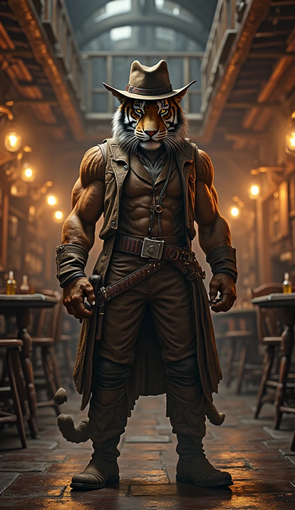 Puss is a orange cat he's wearing a black cavalier hat with a yellow feather, a black leather belt with a sword, a small black cape, and small black Corinthian boots anthro cat, male, adult, orange fur, buffed body, sexy, beefy body, furred body, beautiful, furry chest hair, realistic, full body, photorealistic, ultra realistic, 8k, night, bare-chested,