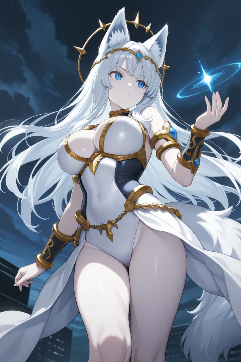 Woman, white hair, golden eyes, big breasts, white skin, holding a knife, hot, pretty, good quality, goddess, pretty woman, alone, one woman, big ass.