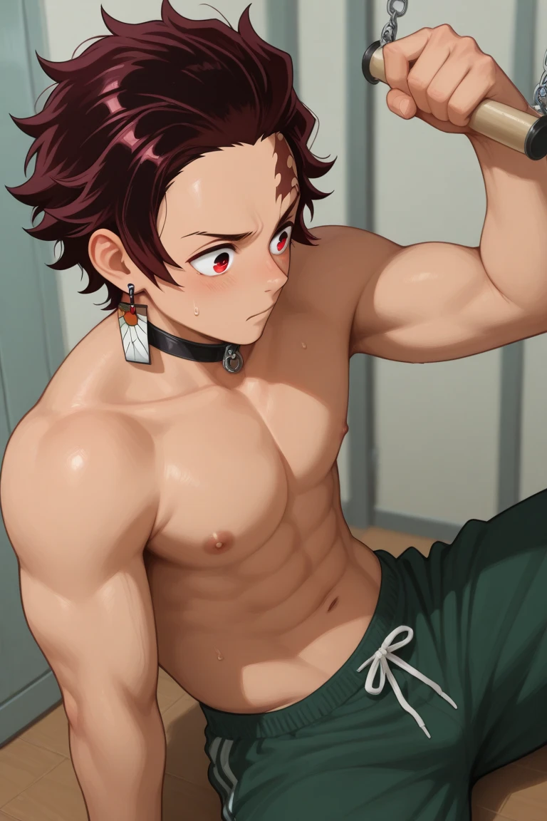 Masterpiece, Best quality, High quality, 1boy, Solo, lying on bed, sleeping, His clothes were half up, showing his hips, shirt folded, wearing a black long pantai, showing his half muscle.