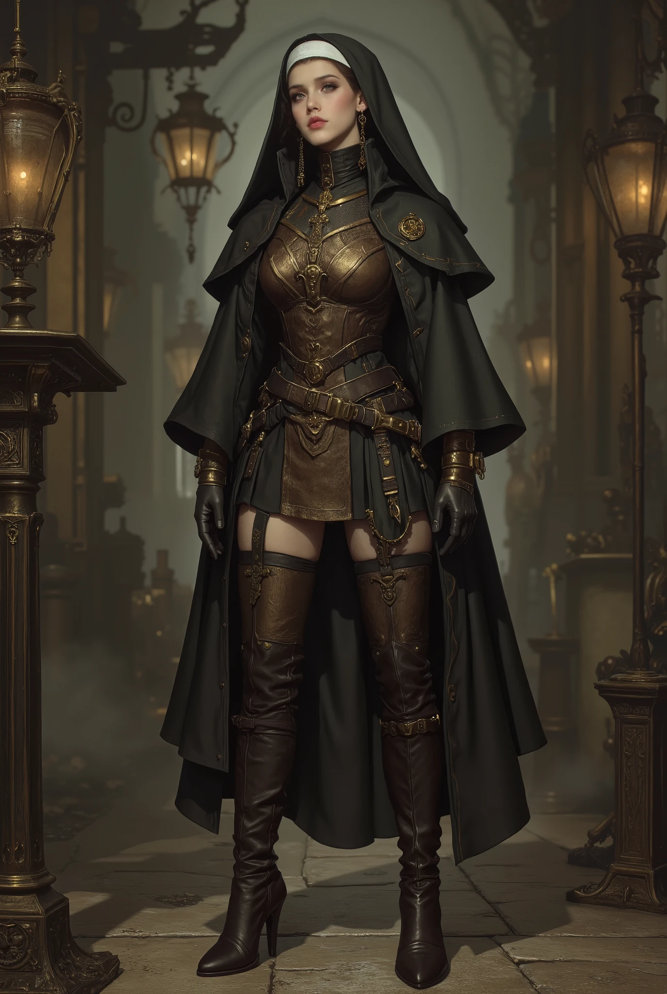 photo real. steampunk nun, with dark brown thigh high boots with 12 inch heels. looking to the side