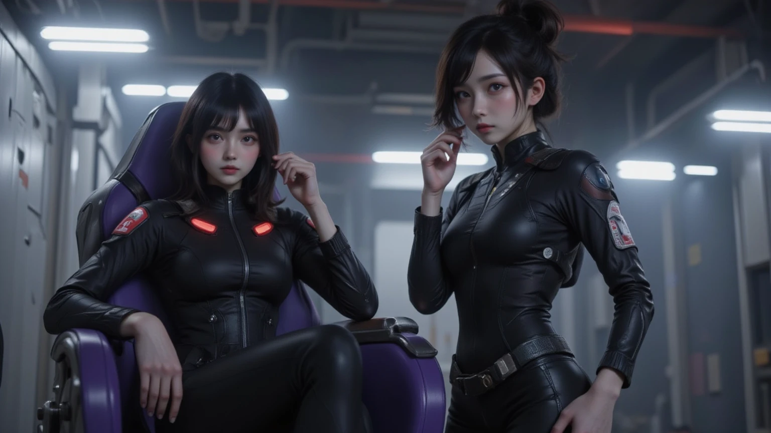 (highest resolution, distinct_image), best quality, masterpiece, highly detailed, semi realistic, a woman with short black hair, mature woman, triple bangs, black uniform, black pleated skirt, military uniform, spaceship space, control room, commander, (two heads)