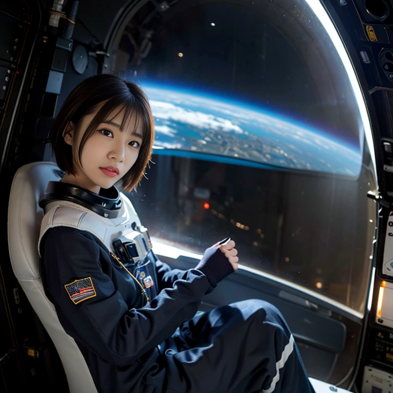 masterpiece, Highest quality, Very detailed, Japanese Android girl, Beautiful 2 Japanese woman, Plump,Control panel,Android,cyborg,Blunt bangs,Sitting in the cockpit of a spaceship and piloting it,The control stick is in the center of the seat.,astronaut,Red spacesuit,Secured to the seat with a thick harness,Full-face helmet,