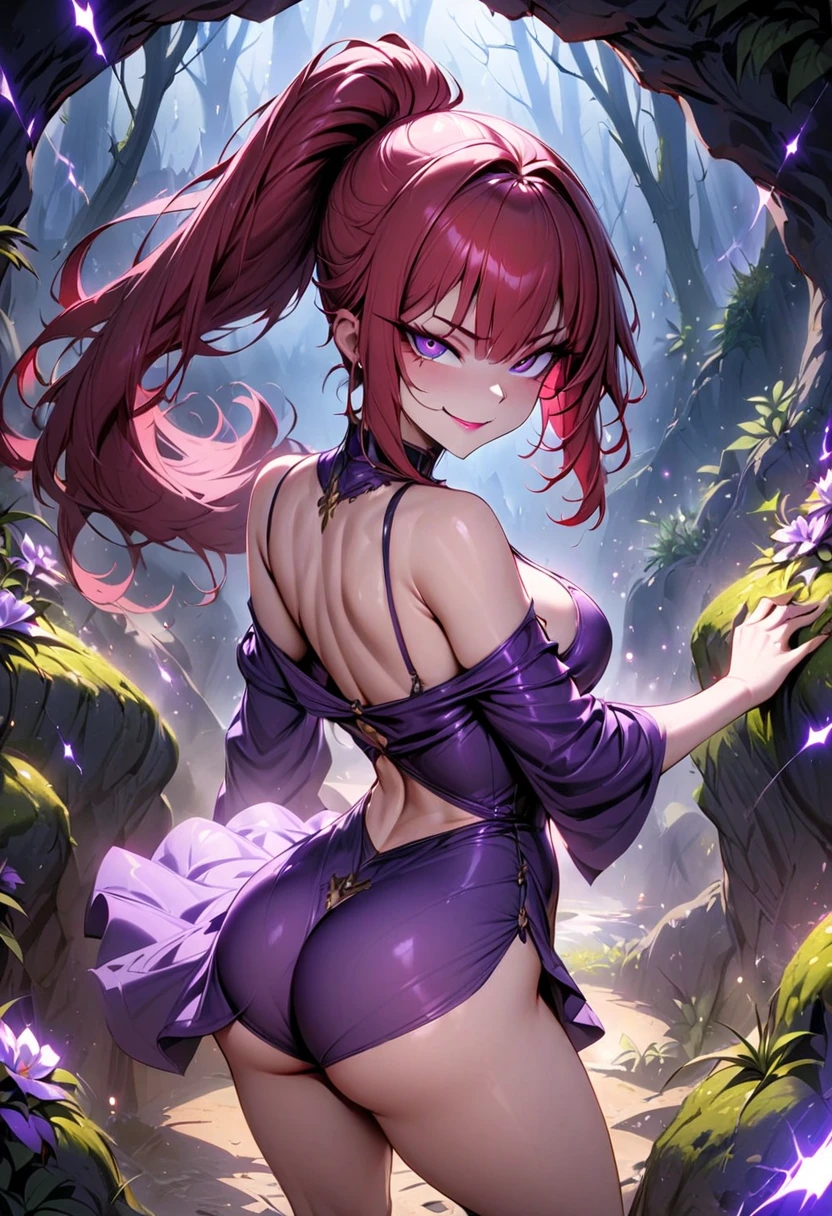 score_9, score_8_up, score_7_up, score_6_up, score_5_up, score_4_up, best quality, uncensored, Makima, maroon hair, braided ponytail, ringed eyes, yellow eyes, naughty face, shiny skin, sweating, BREAK (masterpiece:1.2), best quality, high resolution, unity 8k wallpaper, (illustration:0.8), (detailed eyes:1.3), perfect lighting, extremely detailed CG, (perfect hands, perfect anatomy), looking at viewer, looking back, stair, garden, dusk, tree,1girl, hotpants, torn, crop top, sleeveless, ass, anus, solo, cum, breasts, large_breasts, cum_in_pussy, looking_back, pussy, blush, spread_pussy, cumdrip, after_sex, vivid colors, dramatic lighting, erotic, sensual, intimate, female protagonist, seductive pose, glossy skin, glistening wetness, intense expression, erotic anatomy