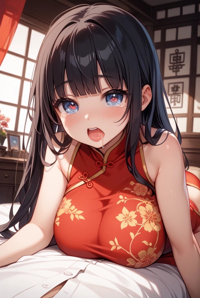 ancient China Princess with long black hair Crying and blushing Forced to have sex with the old emperor Wearing a super shiny red long sleeve raincoat and Chinese clothes, he is forced to have his penis thrust into his crotch on the futon. Virginity loss crisis