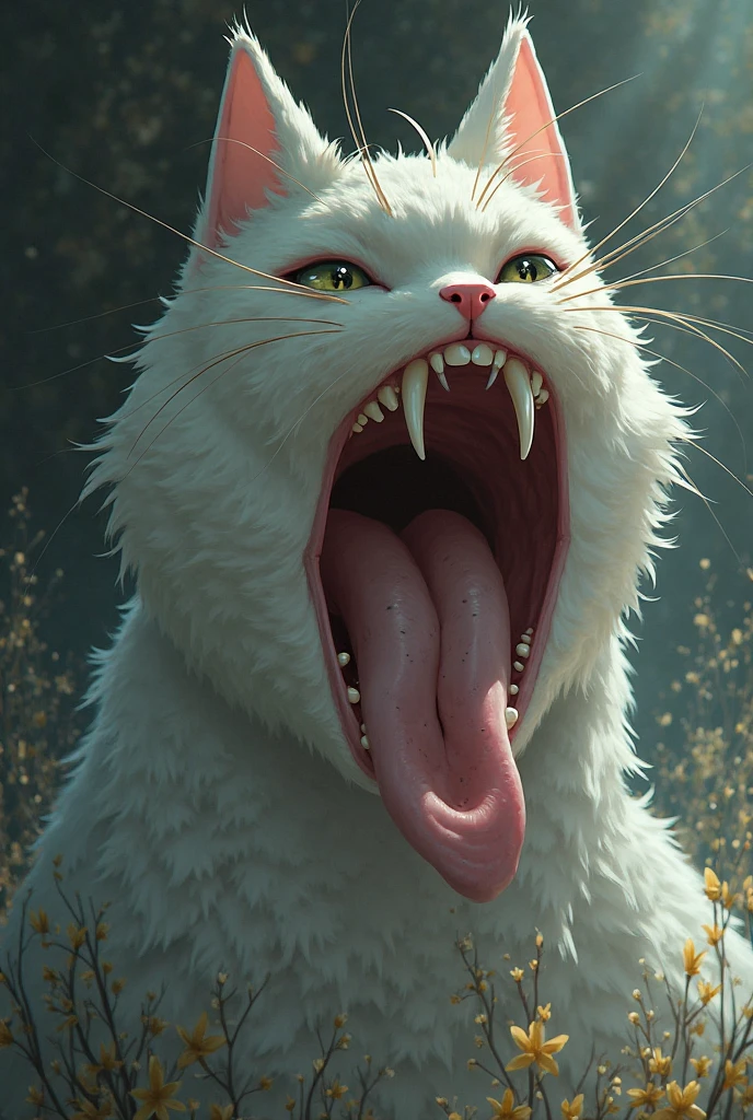 there is a white monster with a big smile on its face, a surrealist painting inspired by Alfred Kubin, reddit contest winner, fantasy art, tubular creature, fantasy art smug smile man, giant cat monster, hyper realistic fantasy monster, anthropomorphic creature, furry friendly monster, mythical whimsical creatures, white cyclops portrait in sky, surreal and fantasy art