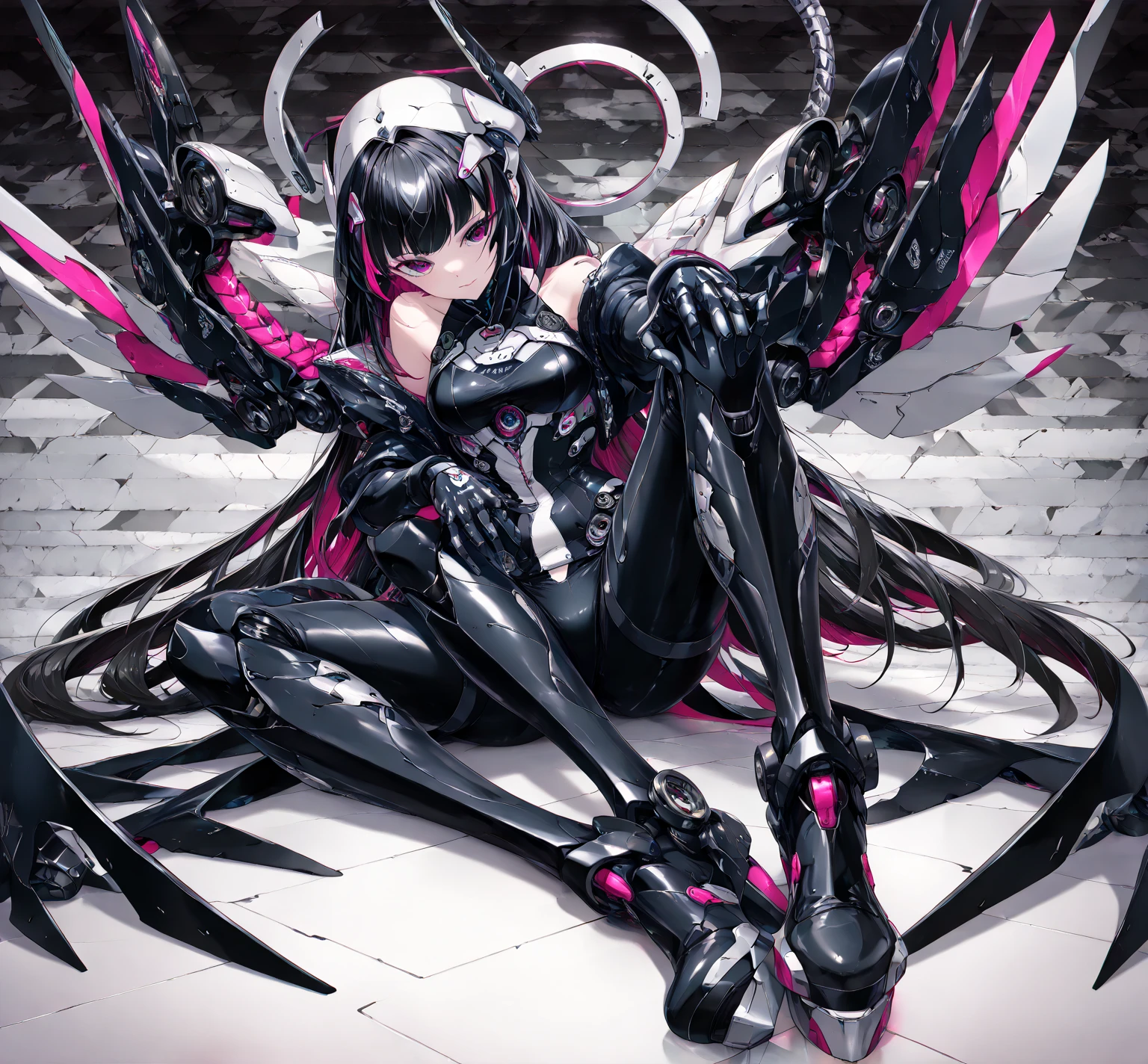 Beautiful girl fused with a scorpion. (High quality) dark style magical girl. Succubus style. Circuit pattern. Biological Armor. fearless smile.