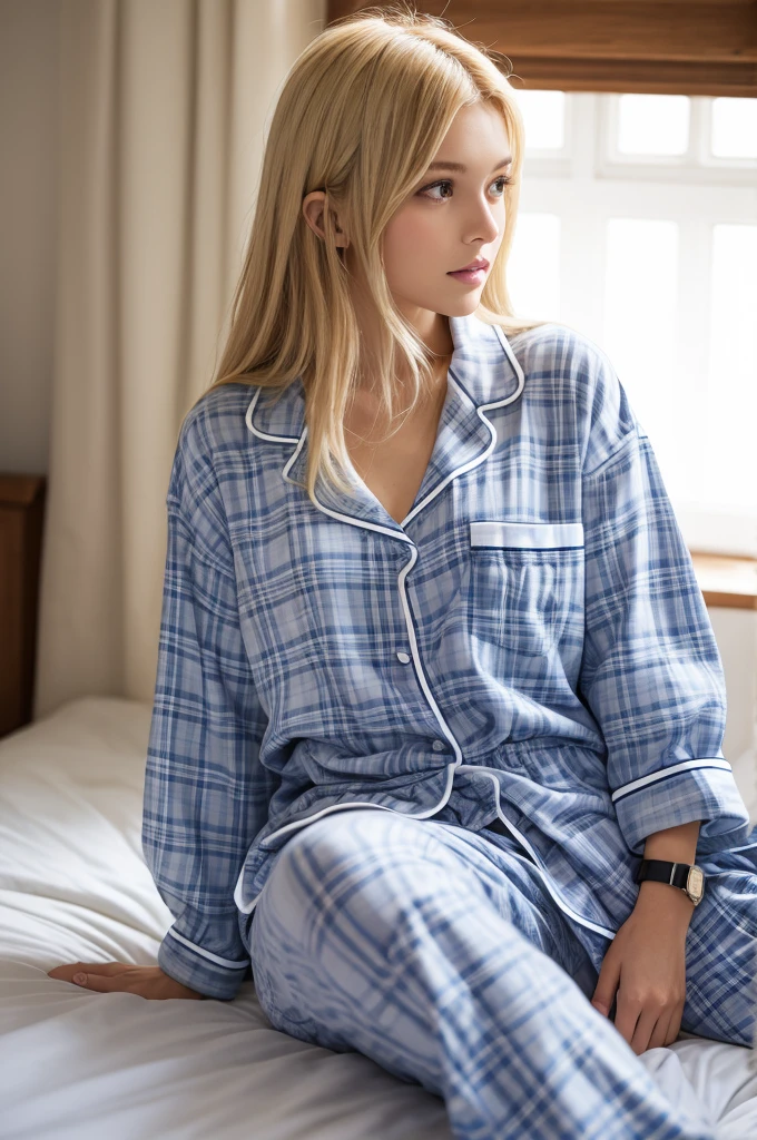 little french girl with a cute pijamas, she is 16 years old, she is blonde, ((blue eyes)), perfect body, perfect face, cute, big natural saggy breast, regular phone photo, ((Cute pijamas)), real eyes, ((dressed)), she is dressed, cute little girl, she is in doggy position