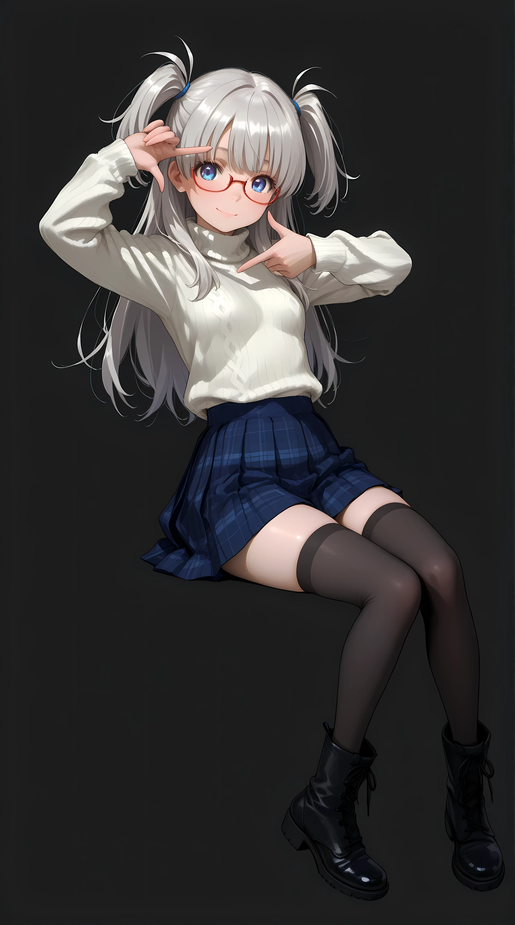 1 girl, full body, sitting on Transparent box, looking at viewer, (finger frame:1.6), petite body, slender figure, small breasts, innocent smile, bright blue eyes,red under-rim glasses, fair smooth skin, rosy cheeks, glossy lips, cute face, big expressive eyes, medium-length silver hair, silky smooth hair, soft front bangs, (twin side up hairstyle:1.3), hair tied up on both sides, loose back hair flowing down, silver hair tie, realistic hairstyle, (white turtleneck sweater:1.5), navy blue plaid pleated skirt, zettai ryouiki, black knee-high boots, youthful appearance, Kyoto Animation, anime illustration, masterpiece, best quality, ultra high resolution, rich contrast, highly detailed eyes, ultra-detailed illustration, very beautiful and delicate anime face and eyes, realistic texture, RAW photo style, (solid black studio background:1.5), soft lighting, (no background:1.3),