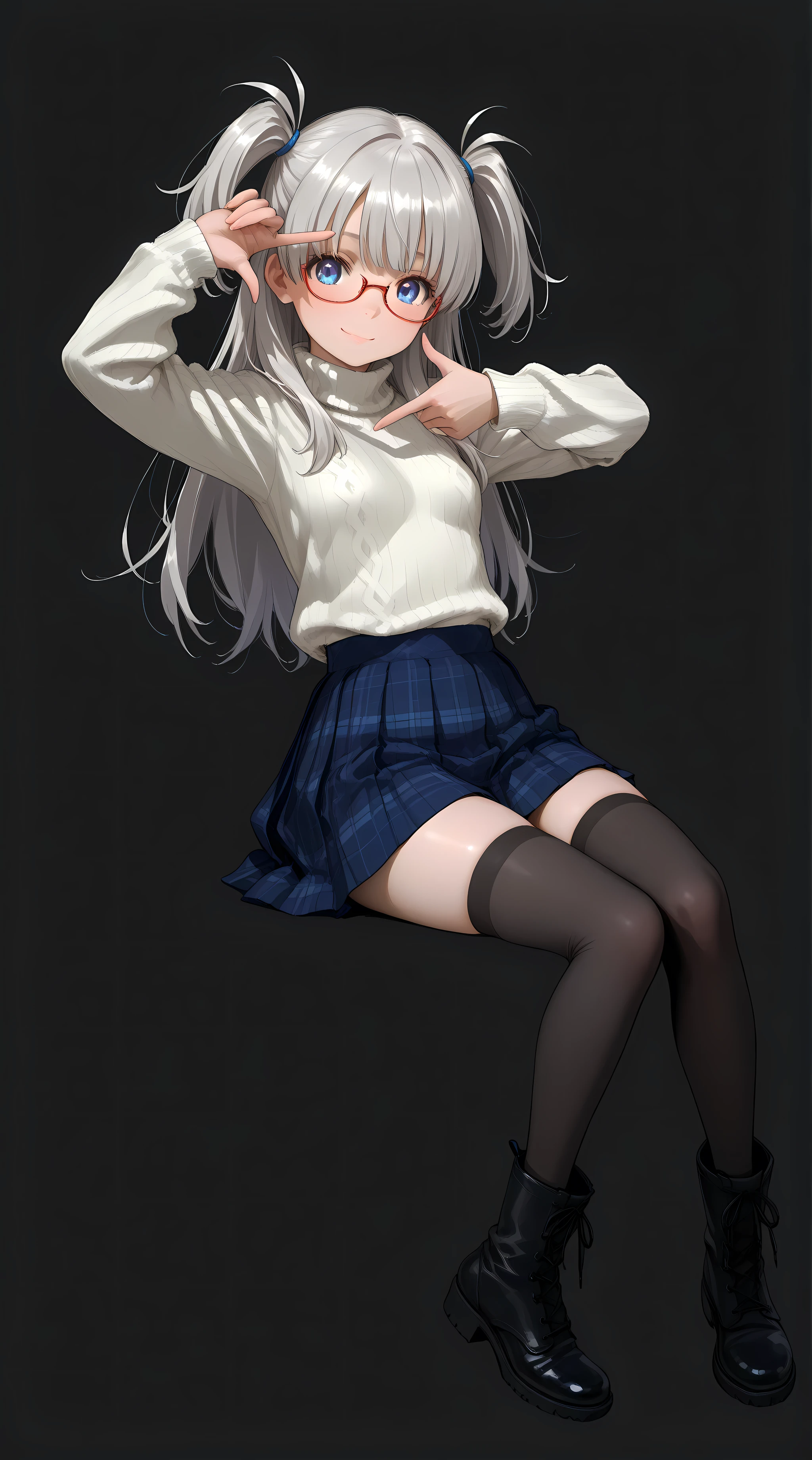 1 girl, full body, sitting on Transparent box, looking at viewer, (finger frame:1.6), petite body, slender figure, small breasts, innocent smile, bright blue eyes,red under-rim glasses, fair smooth skin, rosy cheeks, glossy lips, cute face, big expressive eyes, medium-length silver hair, silky smooth hair, soft front bangs, (twin side up hairstyle:1.3), hair tied up on both sides, loose back hair flowing down, silver hair tie, realistic hairstyle, (white turtleneck sweater:1.5), navy blue plaid pleated skirt, zettai ryouiki, black knee-high boots, youthful appearance, Kyoto Animation, anime illustration, masterpiece, best quality, ultra high resolution, rich contrast, highly detailed eyes, ultra-detailed illustration, very beautiful and delicate anime face and eyes, realistic texture, RAW photo style, (solid black studio background:1.5), soft lighting, (no background:1.3),