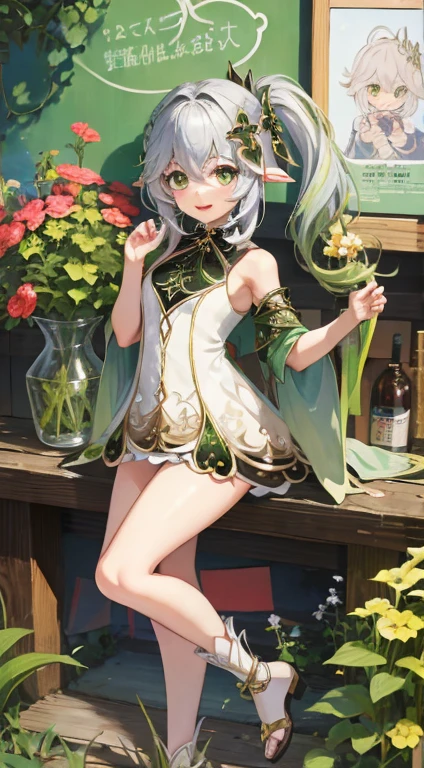 naked, nude, vagina, , outside, flat chest, eight years old, open mouth, happy, smiling, sunny, happy, bright sunlight, grass, pointy ears, hair ornament, white hair, green hairstreak, from below, side ponytail, masterpiece, best quality