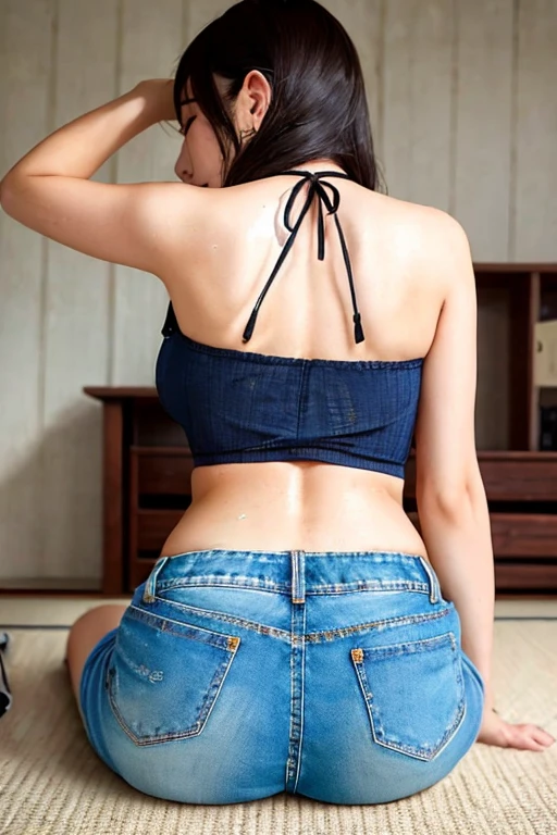 (((back-bent cow yoga pose))), short skirt, black hair, short hair, ponytail hair, glasses, nerd, blue eyes, little clothing, exposed skin, bra, navel, ((cute innocent face, open mouth, allure)), [[playful]], [[[bedroom]]], front-view, [[Leaning forwards]], head down, butt up, cleavage, sexy, arousing, realistic, ((perfect symmetrical body)), slim hip, soft light, dawn light)), 1girl, super model body, very slim body, thin, super model body, ultra-detailed CG, high detailed, realistic, solo, intricate details), bloom, 8k
