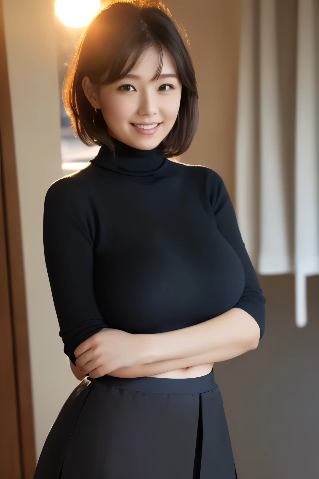 ((masterpiece、Highest Quality、最high image qualityの画像, high image quality, Photorealistic, RAW Photo、Highly Detailed 8K Wallpaper )), Beautiful Secretary、 40 years old, realistic skin texture, about, short hair, (The sun is shining in:1.8)、(A dressing room shrouded in large shadows:1.6)、 (navy high neck sweater:1.4)、perfect body, (big natural breasts:1.3)、 Friendly Smiles、(dark background)、(long black skirt:1.8)、