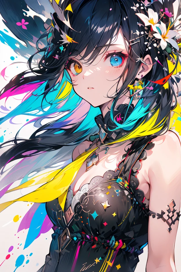 (Pink Fashion T-shirt:1.9),(Colorful hair: 1.8), (all the colours of the rainbow: 1.8),(((((vertical painting:1.6))), (painting:1.6),front, comics, illustrations, paintings, large eyes, crystal clear eyes,( rainbow color gradient high ponytail:1.7), exquisite makeup, closed mouth,(Small Fresh: 1.5),(Wipe Chest: 1.6) ,long eyelashes, white off shoulder T-shirt, White Shoulder Shirt,looking at the audience, large watery eyes, (rainbow colored hair:1.6), color splash, (solo:1.8), color splash, color explosion, thick paint style, messy lines, ((shining)),(colorful), (colorful), (colorful), colorful, Thick Paint Style, (Splash) (Color Splash), Vertical Painting, Upper Body, Paint Splash, Acrylic Pigment, Gradient, Paint, Highest Image Quality, Highest Quality, Masterpiece, Solo, Depth of Field, Face Paint, colorful clothes, (Elegant: 1.2), gorgeous,long hair, wind, (Elegant: 1.3), (Petals: 1.4),(((masterpiece))),(((best quality))),((ultra-detailed)),(illustration),(dynamic angle),((floating)),(paint),((disheveled hair)),(solo),(1girl) , (((detailed anima face))),((beautiful detailed face)),collar,bare shoulders,white hair, ((colorful hair)),((streaked hair)),beautiful detailed eyes,(Gradient color eyes),(((colorful eyes))),(((colorful background))),(((high saturation))),(((surrounded by colorful splashes))),
(white|black theme), medium breasts,
happy face,
(character on front),