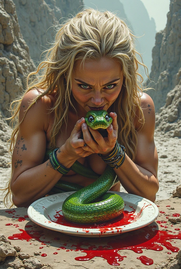 Happy Horny, aroused 1girl), beautiful blonde young teen girl  wearing red thong with  giant colossal green Kaa monster squeezing her hard, wrapped in thick spiraling coils, constricted, struggle, gasping for air, snake attack, snake peril, moonless night, dim light