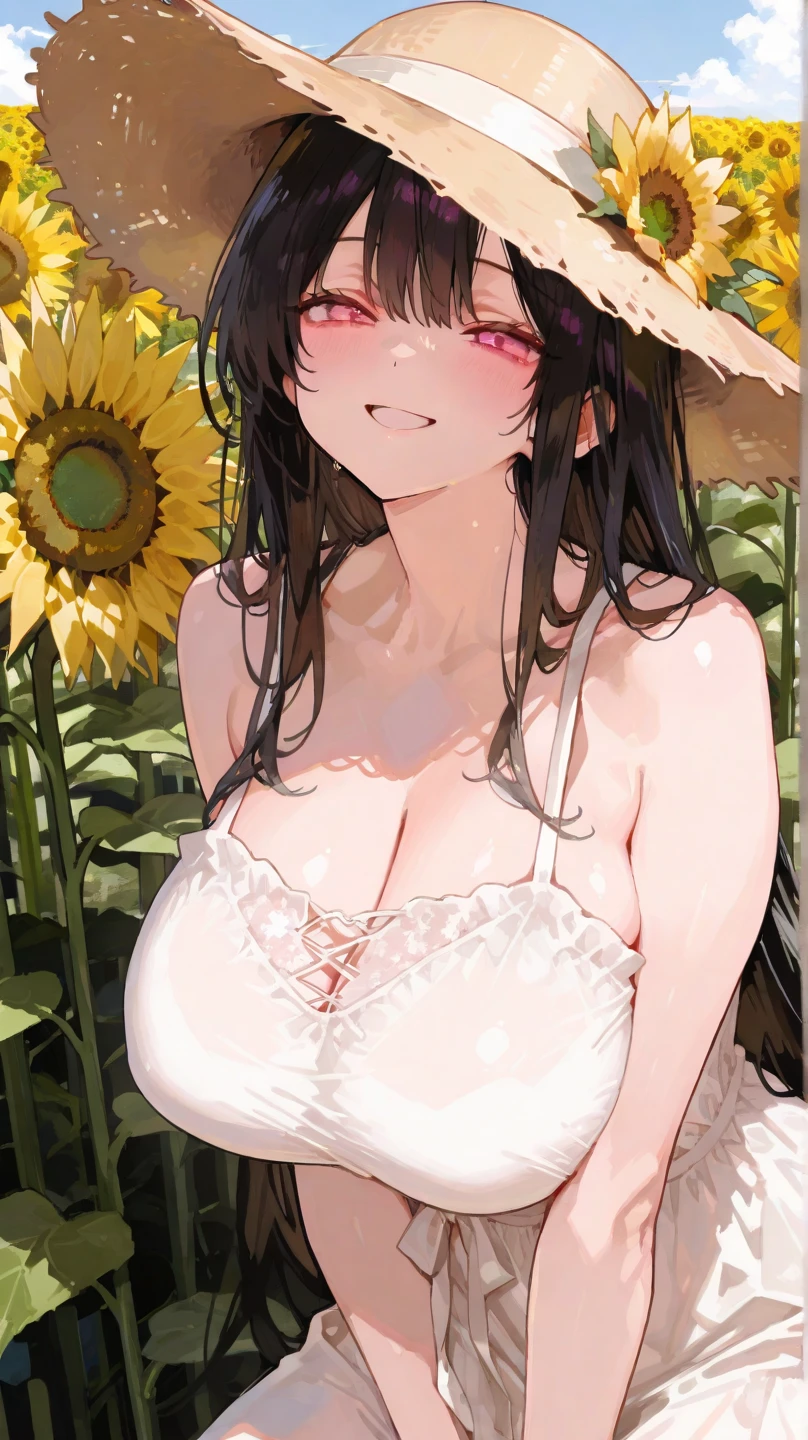 1 girl, alone, brown eyes, black hair, long hair,half up、 (white dress:1.4),Sunflower field, blue sky、very big breasts、expose one's chest、Bare your breasts、put the chest on the tray、nipples are transparent、blush、embarrassing、scared face、in trouble、confused face、A lot of milk comes out of the nipples、Breast milk squirts out of the nipples、very short skirt、micro mini skirt、The shape of a woman's private parts is clearly visible