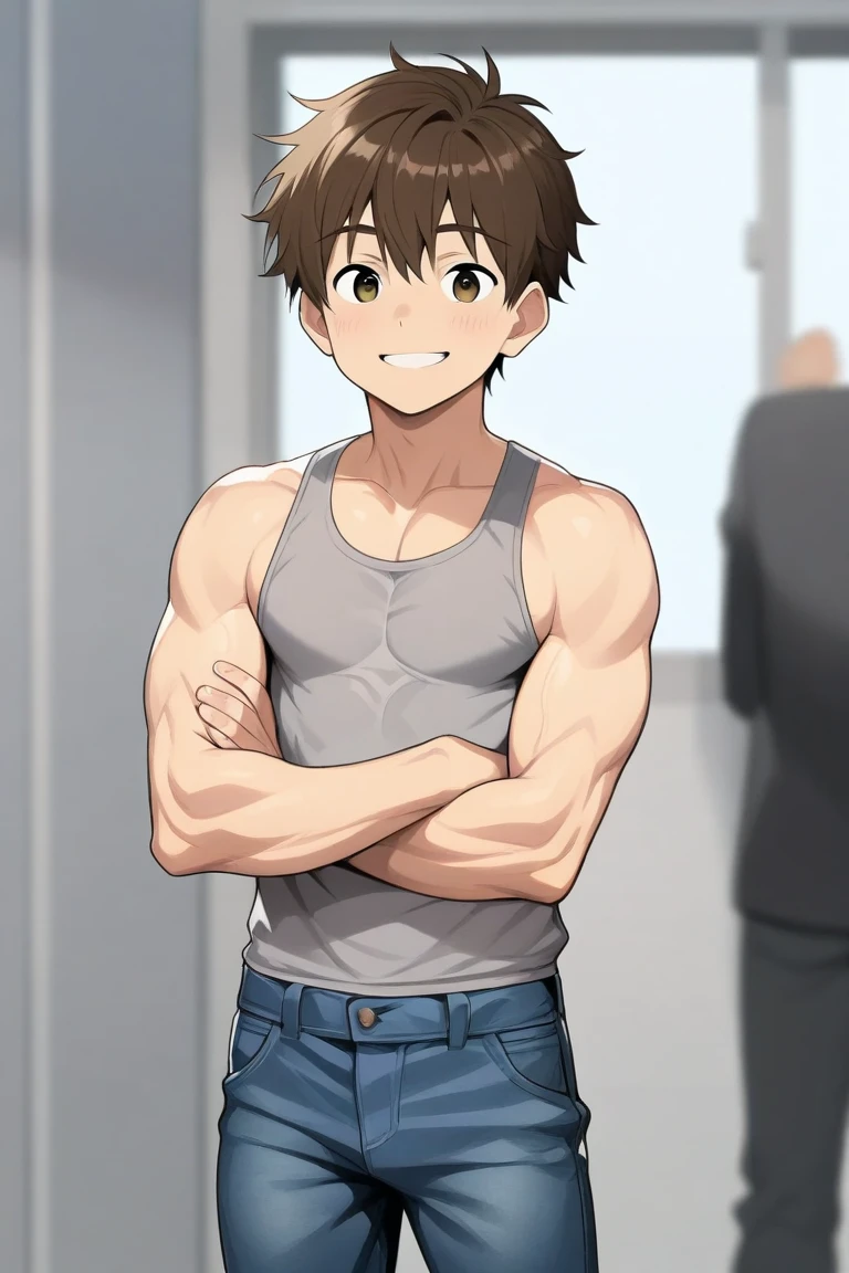 In the morning school, a slender and mascular young man in his tighty whities is peeing himself. There's a pee wet spot on his briefs. His pee drops are is dripping down from his briefs, and make a pee puddle at his feet. Red T-shirt. He is ashamed of peeing himself. He looks embarrassed. Anime