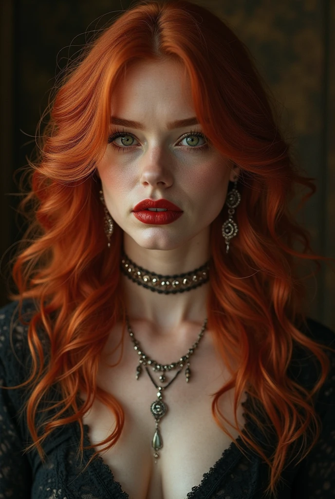 An incredibly beautiful toreador vampire, her hair is extremely red and her skin is white and delicate, she also has a lot of freckles, She is a powerful 6th generation vampire, She is Catholic and always wears her beautiful crucifix and heart necklace which is a gift from her beloved., she likes jewelry and high heels 