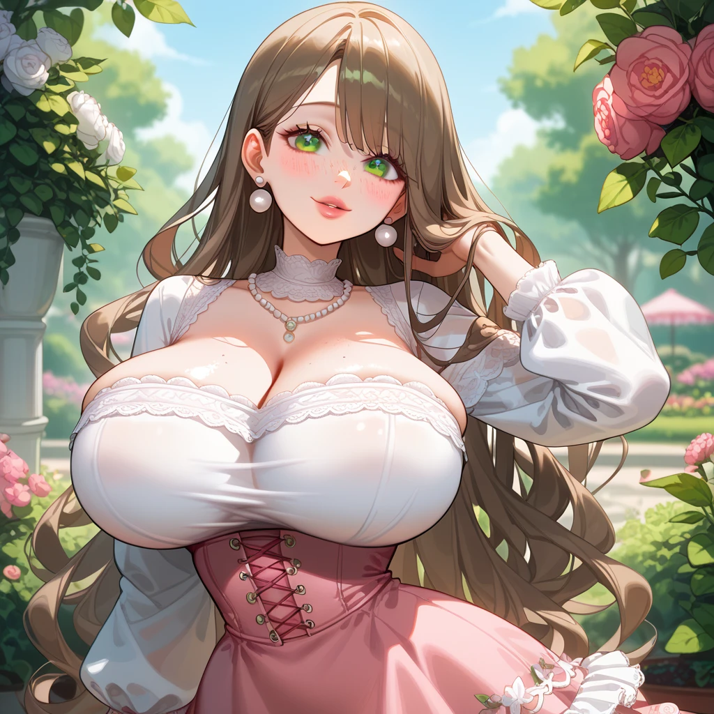 beautiful woman,Folk Girl,Wear a rococo ball gown to look elegant. Decorated with a long, fluffy skirt.,Beautiful rococo style evening gown with amazing details. Complete with a long skirt with large ruffles.,countryside,countryside,beautiful scenery,European Middle Ages,smile with teeth,forehead,forehead exposed,very big breasts,ear nipple ring,side waist slit,tights,mitt,((side chest)),Lace panties,Panties,((big tits)),(pubic bone),(Hold your hands on your chest.) rift, visible chest, Show your breasts, open chest, I see bulging nipples,,(((large areolae:1.4,pink,The nipples are clearly visible...))),Navel drive,dance,dance