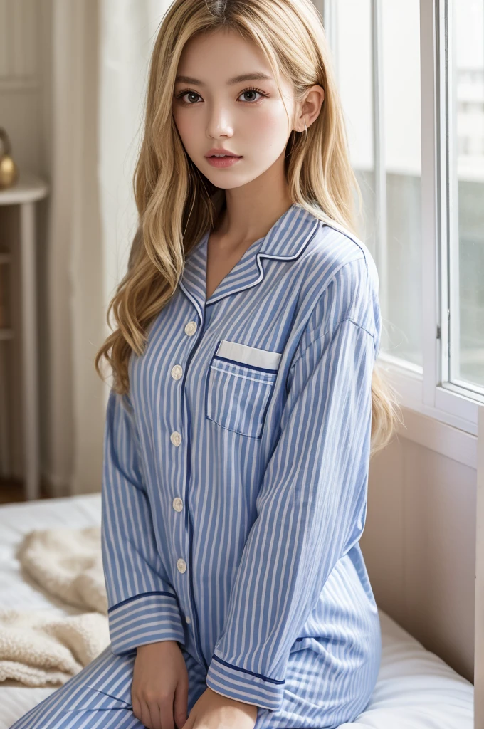 (masterpiece: 1.2, Portraiture, Highest quality), Realistic, (Live Action, Intricate details, Written boundary depth), Highest quality, masterpiece, Attention to detail, semi-Realistic, Sleeping in bed, shy, 21 years old, Short Blonde, blue eyes, pajamas, Slim figure、Canopy bed、