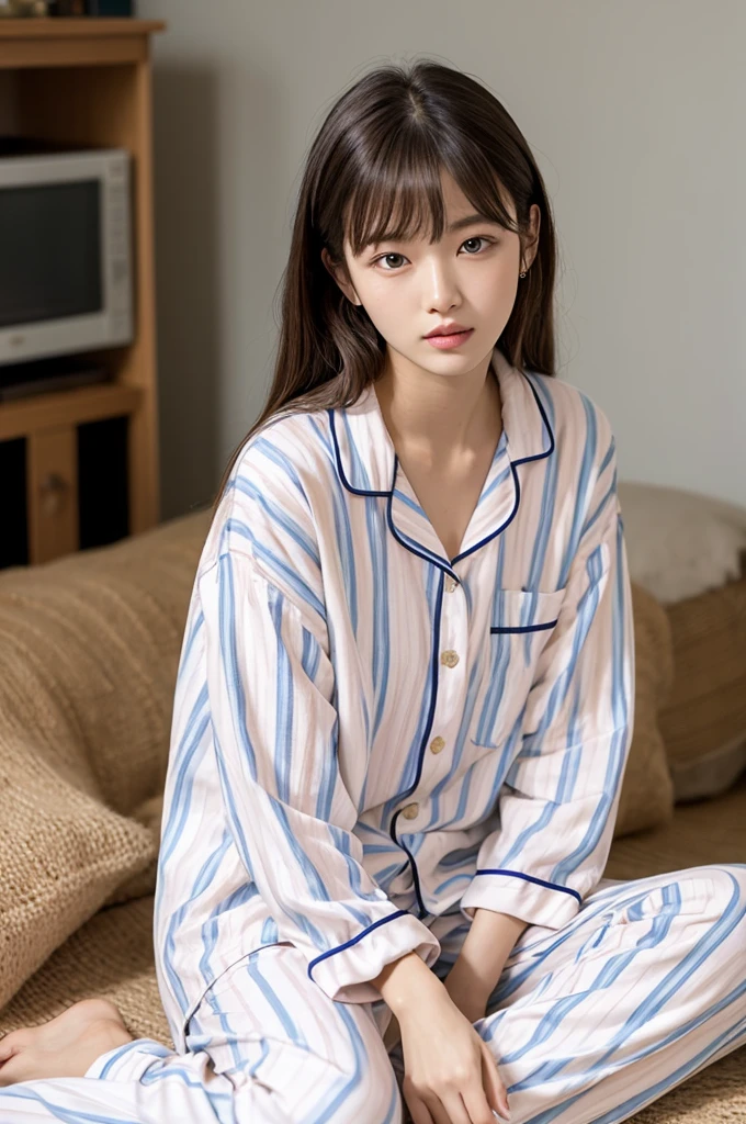 8k,masterpiece,Japanese,,Bird View,Innocent face,Calm Eyes,Lie down on the bed、Are sleeping、Sexy pose、Childish,pajamas,Short sleeve,Short skirt,underwear、Open clothing、Spread your legs、semi-long,Cute patterned beds for kids、noon,bright,(Children's room)、indoor、