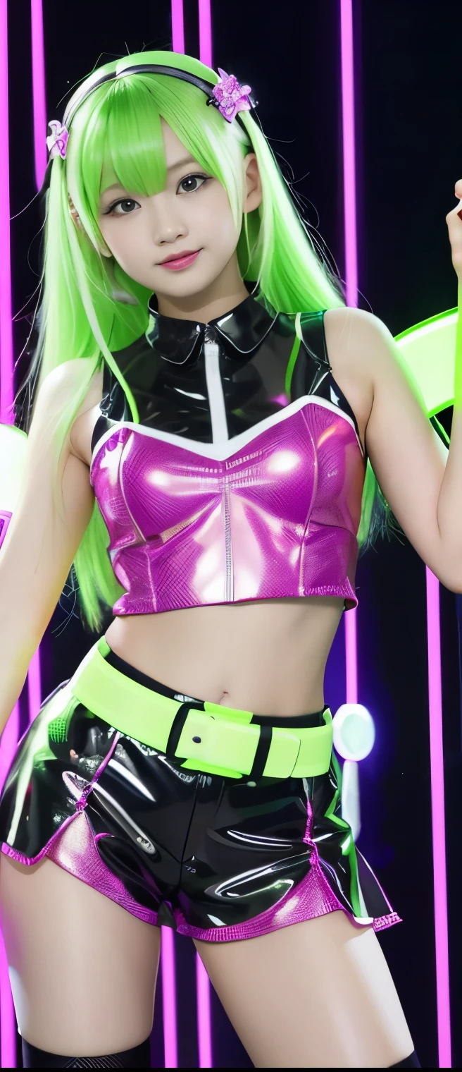 cool cyber idol girl、、Shiny green and gold overalls shorts、、、good style、whole body、、shiny belt、Cyber Jacket、silver hair、cyber thunder