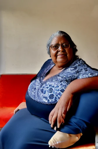 Uma mulher idosa,65 anos,rosto com rugas,cabelo grisalho,penteado de coque,olhando a chuva pela janela de casa,sentada em uma poltrona,corpo volumoso da idosa, seios grandes,barriga grande,idosa com obesidade,a white blouse with a red cardigan, a pair of loose pants 