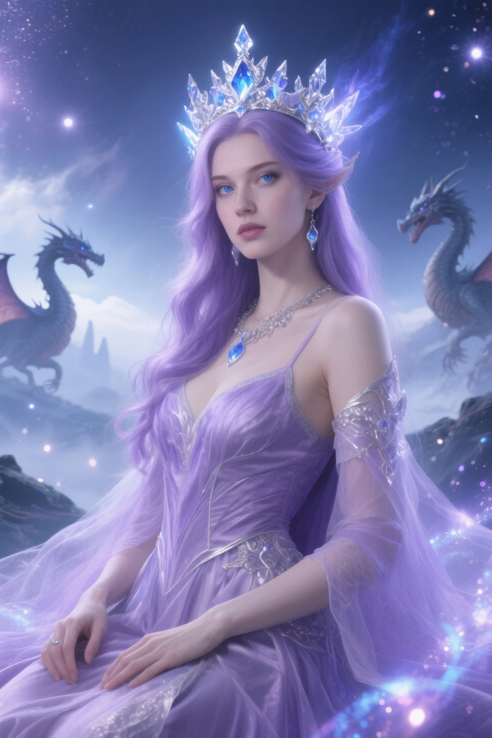 Queen of the White Dragon, mulher madura jovem, "Galadriel, EMÍLIACLARKE", elegant lilac Ruby dress, mama grande, Curvy, dragon ling vawy hair, Cabelos Super Longos, soft facial features, White dragon horns on his head, mulher majestosa, silver decoration on her lilac Ruby dress, Rainha Estrela Prateada, Grandes olhos violet, cherry lips, White dragons, starly sky