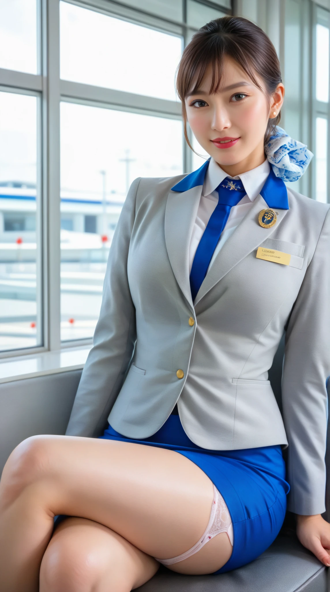 ((masutepiece, Best Quality)), Beautiful 40 year old Pakistani woman (chloë grace moretz:Milla Jovovich:0.5), (brown-brown hair, Bob hairstyle, Square face), (medium breasts), (Curve, muscular body), (Natural Skin), Legs, (dark blue stewardess uniform jacket:1.3), (((((highleg)))))、(((((Excited expression on beautiful thighs:1.2), (), Jewelry, Dynamic, Various poses, spaceplane cabin background, (nffsw, 8K Wallpaper, High resolution), Cinematic lighting, Physically-based rendering, Award-winning, highlydetailed skin, extra detailed face, High detail eyes, Carl Zeiss 85mm F/1.4, ellen von unwerth、(((((groin)))))、、((((((((()))))White High Leg)))))、((((((((()))))Navy blue tie)))))、(((((Changing clothes)))))