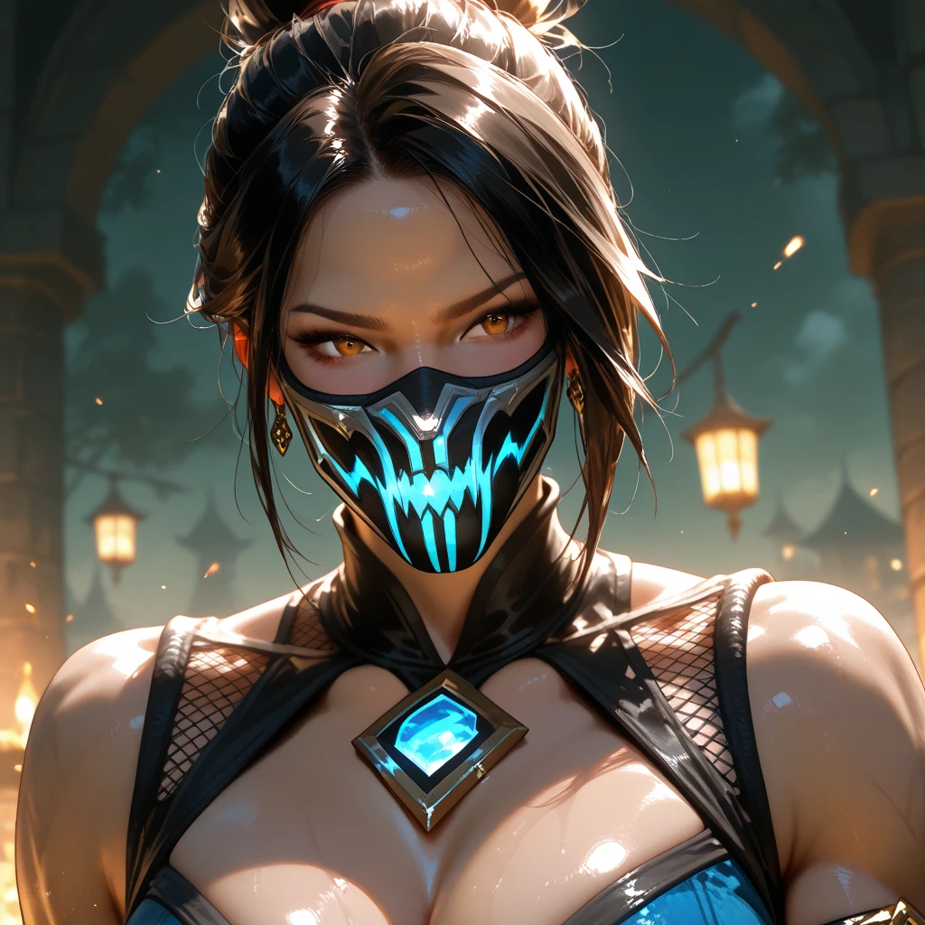 ((Yasmin, semi-naked woman using a mask, with blue nordic warriors clothes holding a dagger, smiling, wet clothes, in a cavern, eyes and body facing the camera )) hair with many details, 8k artgerm bokeh, fanart best artstation, render photorealistic, guweiz-style art, inspired by WLOP, ig model | artgerm, detailed waist up portrait, stunning wait up portrait of realistic face, beautiful waist up portrait, deviantart artstation cgscosiety, cinematic realistic portrait, high quality portrait, elegant digital painting, photorealistic artstyle, ((night sky in the woods with crescent moon background))