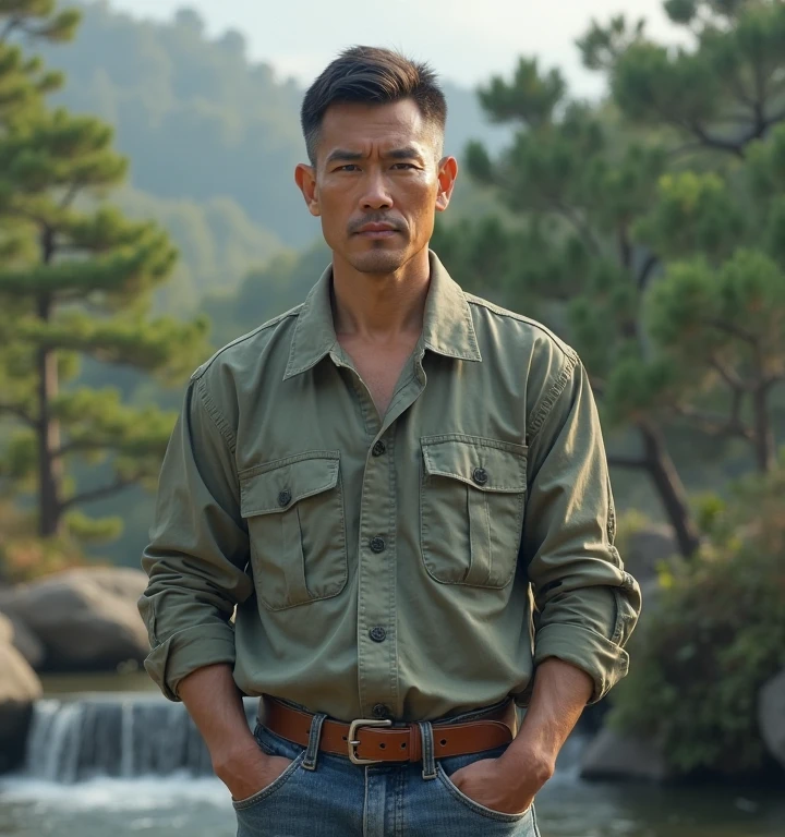 Professional photography, The village Chris Redfield stands on the dirt road,Put your hands in your pockets,watching,Jacket jacket,belt,There are willow trees next to it,Tsuchiya,ruins,((Glasseale focus,dark brown clothes,dark brown backpack,high detail, Close-up half-length photo, panoramic,body positive,Asian man in his forties,Nasal pattern,rough face,worried expression,oily skin reaction,Strong hands,Covered in sweat,chest muscles,Very large nipples,Raised nipples,strong muscle,Thick waist,wide waist,brown skin,thick thighs,Brown tong,((crotch bulging)),(crotch bulging),Detailed hair details,gaston boucier style,sunny,blue sky,Sunlight,blue sky,There are mountain peaks in the distance,global illumination, CG-level lighting rendering,low contrast, (best quality),masterpiece,8K wallpaper quality,List of Utria , Normal