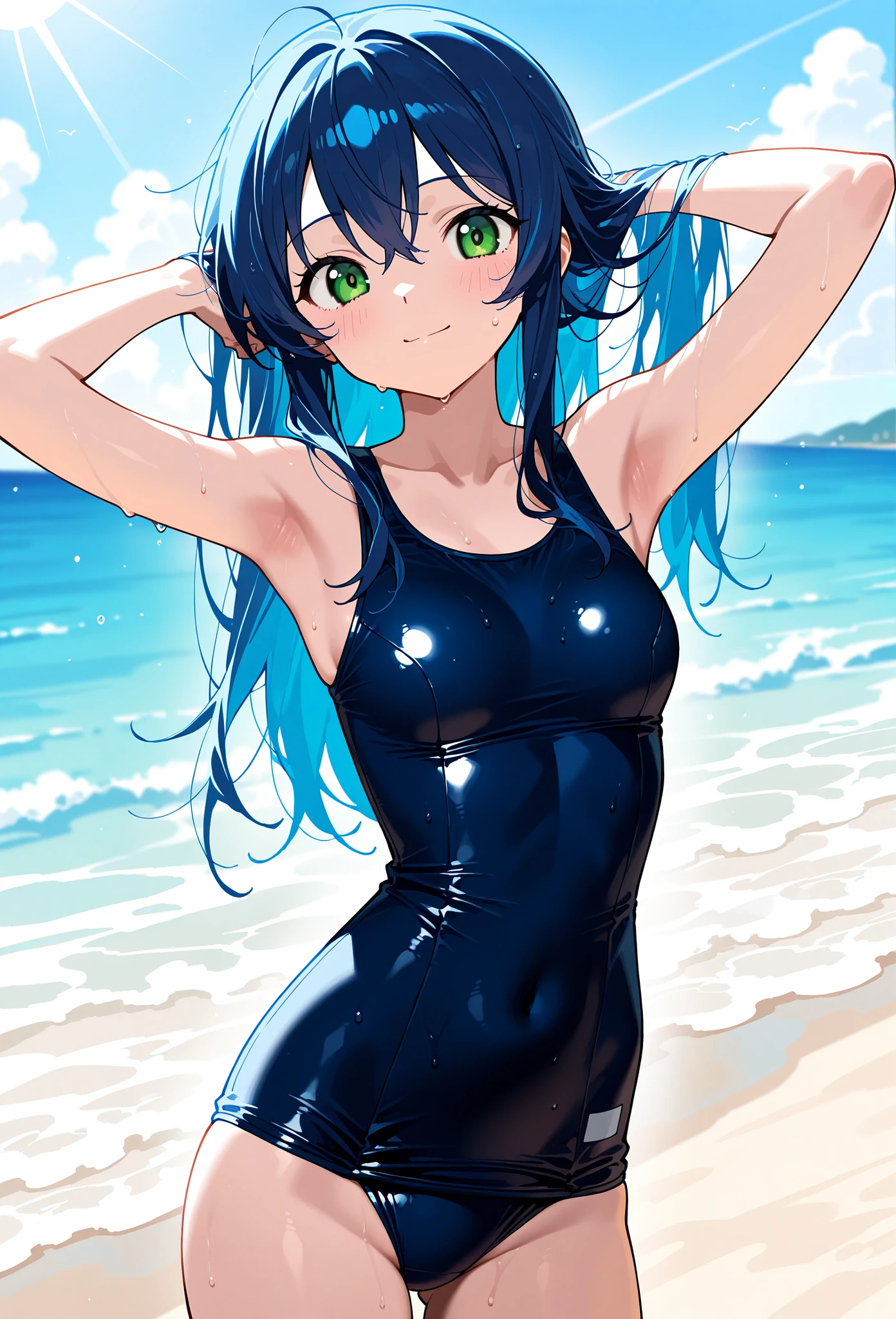 Depict a girl celebrating the opening of the ocean while feeling the summer breeze on the sparkling beach in high quality. She stands by the sea with a happy smile, dressed in a bright swimsuit and holds a colorful float in her hand. Make sure every detail is clearly depicted, from her hair and splashes to the smallest details of the beach. The sea is a highly transparent blue, and the expression of the waves should be more realistic. In the distance, you can see a yacht shining in the sunshine, and the summer sunlight envelops the whole place. This landscape is full of fun and freedom, and I would like a wonderful illustration that makes you feel the joy of opening the sea.