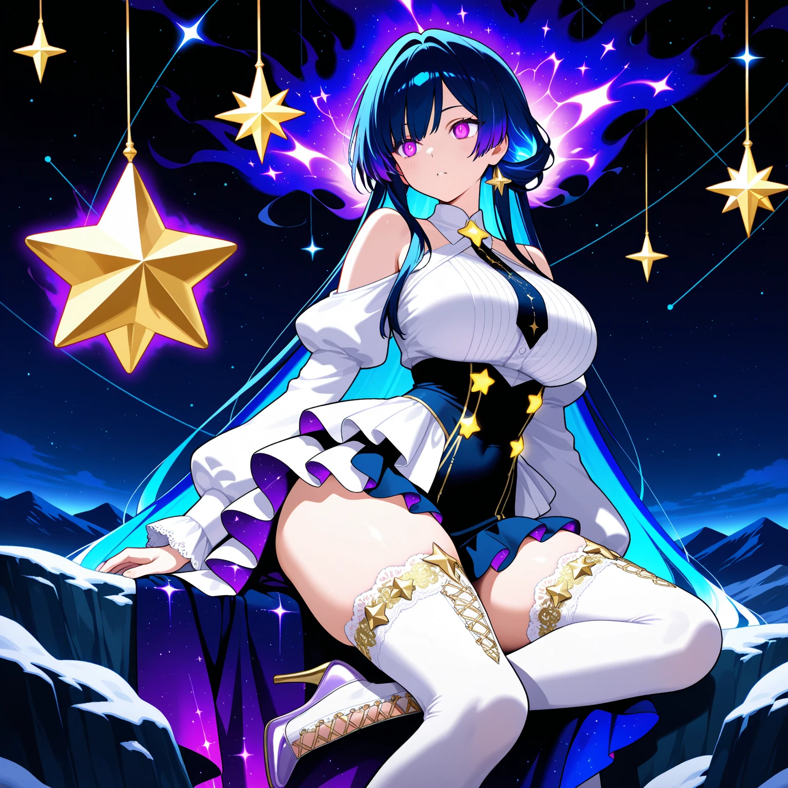 anime illustration, ((((highest quality)))), (((Ultra-precision CG 16K))), (((masterpiece))), (((Very detailed))), (((Extremely detailed))), (((Black outline:1.3, Written boundary depth:1.3 , Written soft outline, sharpness))), Maximum clarity and sharpness, Multilayer Texture, Surface Shading, Cinematic lighting, Beautiful details sparkle ,Perfect Proportions, Limited to one woman, BREAK accurate, Anatomically correct, Highly detailed face and skin texture, drawn in detail, Highly detailed facial and skin texture, Detailed eyes, beautiful hair, Beautiful Japanese Idol face, Beautiful and beautiful eyes, Beautiful body, Beautiful breasts, Beautiful thighs, Beautiful legs, Beautiful fingers, (Beautiful views) , skinny body, ((Beautiful Skin)), ((Skin Texture)) BREAK breast enlarged, medium Breasts, rocket breasts, (((perky breasts))), ((sagging breasts)), (covered nipples), slender waist, ( narrow eyes, smiling, blush, determined expression, sweaty , Heavy breathing,) , (streaked hair, hair intakes, colored inner hair, ) BREAK (((wearing printed sexy oversized professional clothing , wearing wide-leg-pants, breasts is covered by outfit, cosmic effects ))) , wearing earrings, (((tanned skin, tan lines))) , BREAK ( stick breast out, bending over,  under the blue sky ),(((looking at viewer, super detailed background , ))), BREAK (((full body shot, looking at viewer, )), (natural make), random angle , random situation , pinup magazine pose, 