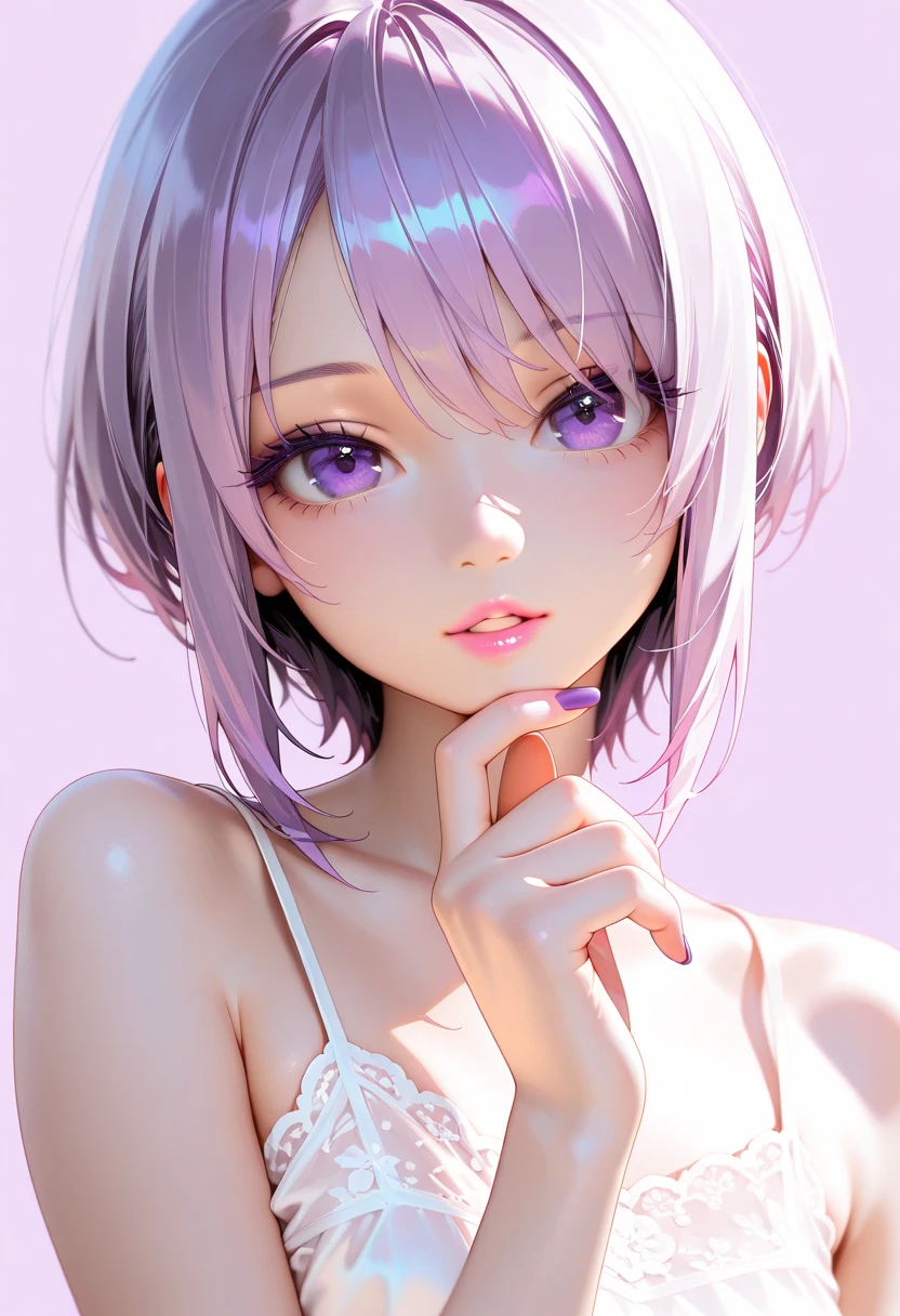 Best Quality,High resolution,8k,(plain white background, no patterns, no textures, just a plain white background:1.3),Masterpiece:1.2),beautiful girl,(focus face),Glossy, deep purple hair,(bob cut:1.2),Beautiful purple eyes,A girl dressed in a light, sleeveless denim jacket over a skull print tank top, paired with cutoff shorts and combat boots, embracing a summer rock aesthetic,Gentle look,A refreshing look,smile,Best quality,Best Quality,Aesthetic and aesthetic:1.2,Best details((Super detailed))(High-definition CG illustrations),Slender body,smile,blush,cute,Scrounge,Looking up,Being spoiled,super model