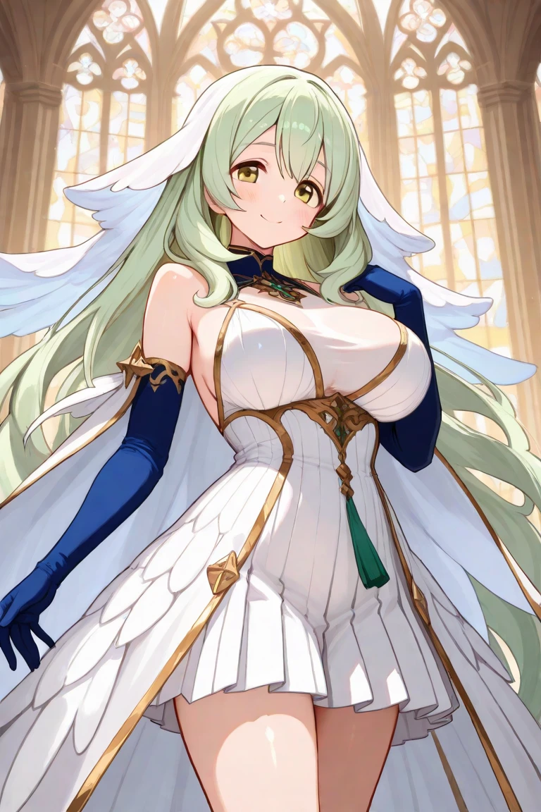 (best quality), (an extremely detailed and beautiful), (Frankenstein), (1 Girl), (green skin:1.3), (sutures on the skin:1.45), (Head down), (smirk), (bend over:1.2), (hands behind back), (zombie costume), (white halo on head:1.2) (green wings with white feathers:1.2), (rotting wings:1.3), (Long green hair), (Dirty hair:1.3), (cowboy shot), cute face (Cleavage, sutured breasts:1.2), (Green sutures skin legs), (Wearing white translucent lace corset), white skirt, (rotting:1.4) (In holy white church), (church and stained glass Windows), (Lots of flies:1.3), (dead smell)
