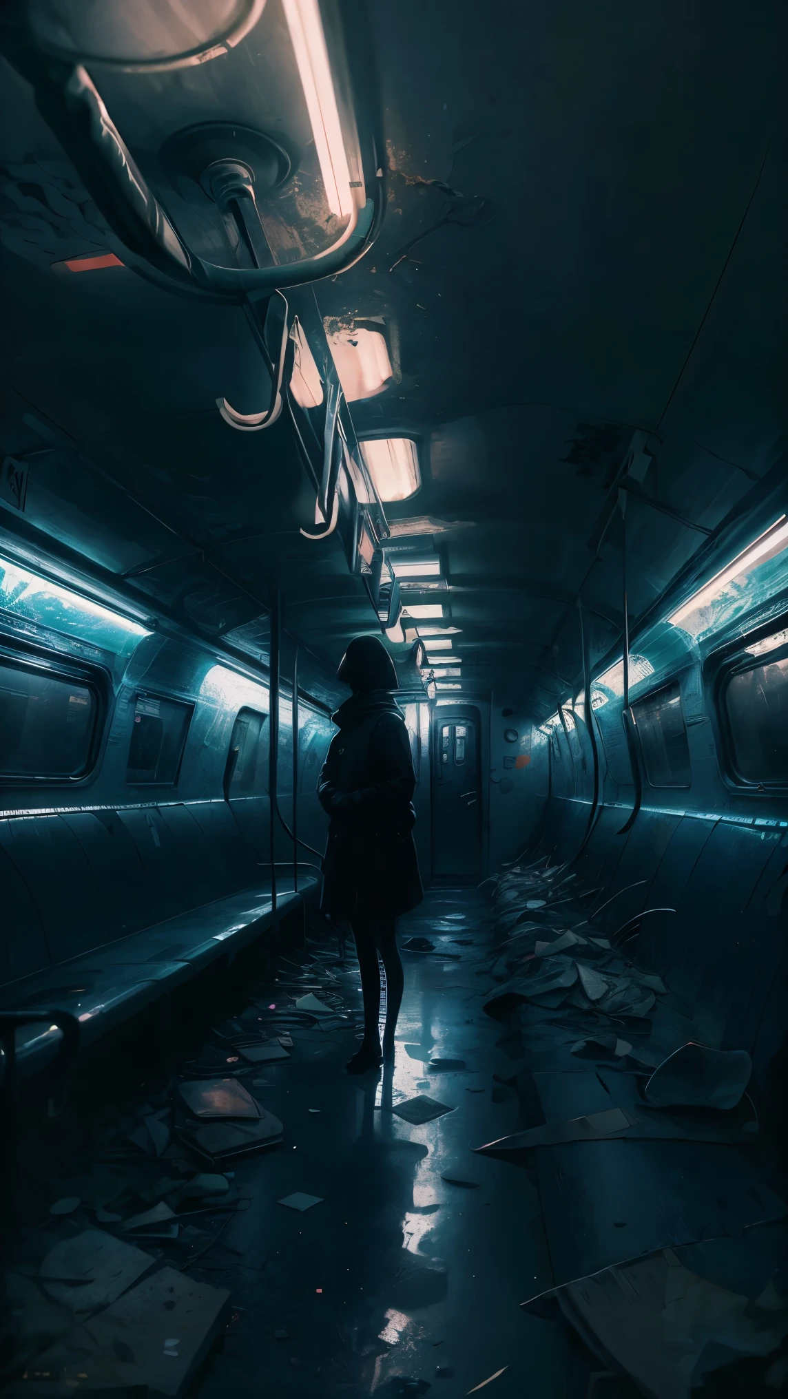 masterpiece,((Dark Theme:1.cenery of an abandoned subway car)),((Standing Girl)),unmanned,empty space,philosophical art,Best Scenery Paintings,State-of-the-Art Digital Art