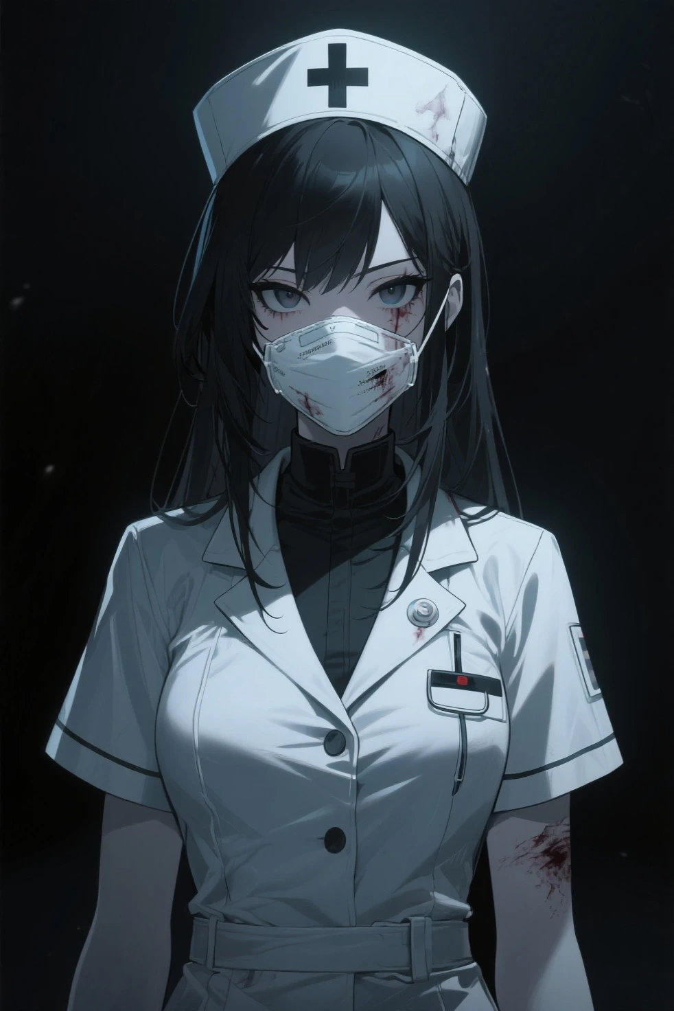 Anime Surgical nurse wearing a bouffant cap surgical mask a face shield and black latex gloves holding a jar of formaldehyde all of her ppe is bloody has red eyes