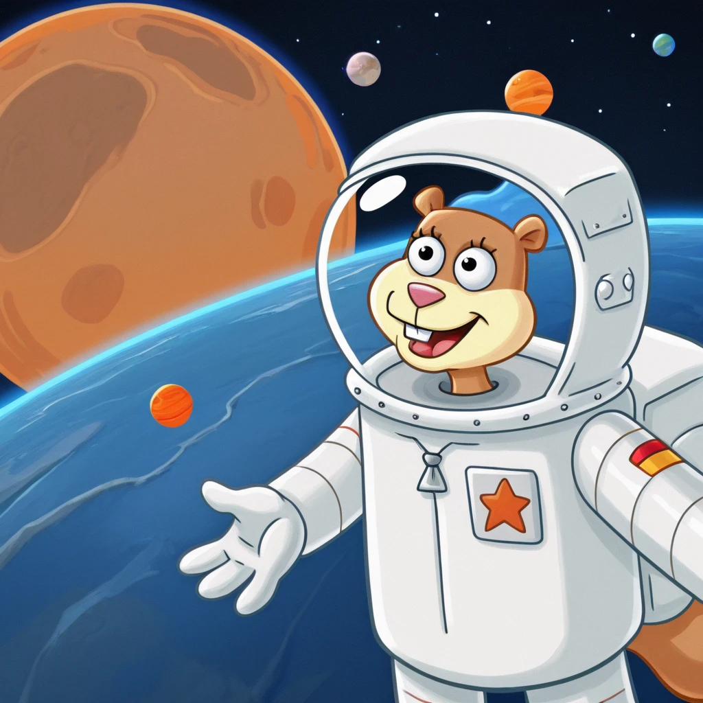 Sandy cheeks astronaut Spacewalk Oxygen Rope Floats in space, planets, looks at the stars