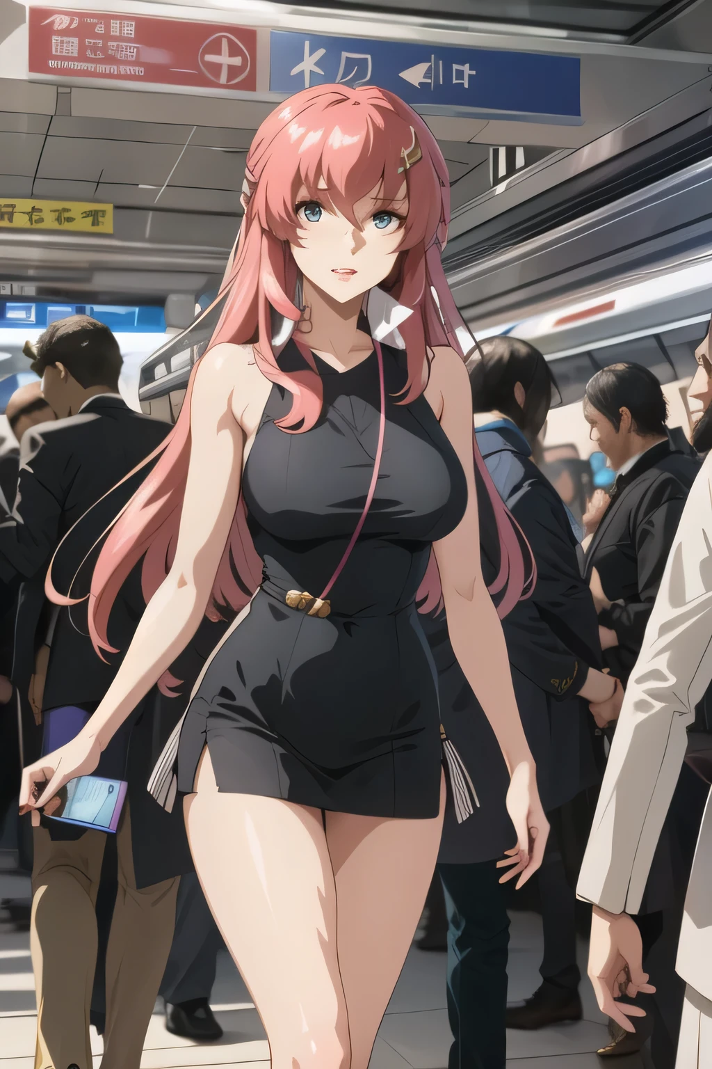 mature_lady,masterpiece, best quality, very aesthetic, absurdres, 1girl, mature_lady,brown_coat,black_bra,lace_bra, black_panties,standing,full_body,opening her coat and display her underwears,in subway,in crowd,shushing, silence gesture,wink,one eye closed, smile, grin,finger_to_mouth,,yuzuriha_inori(guilty_crown), guilty_crown, 1girl, floating_hair, low_twintails, hair_ornament, linea_alba, long_hair, medium_breasts, pink_hair, red_eyes,,