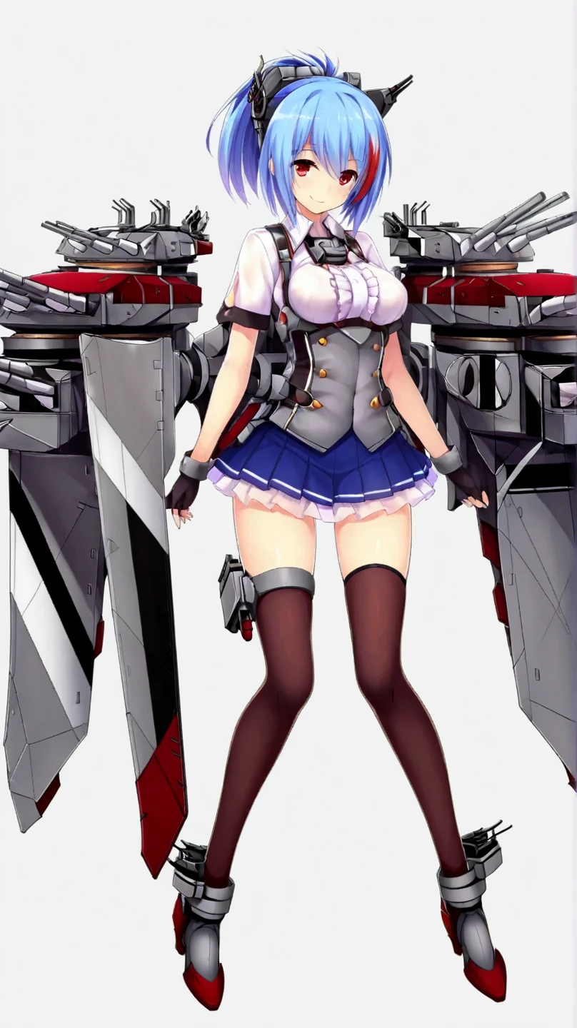 Beautiful girl standing next to the giant robot Gundam a sailor suit Twin tails large curly hair gentle face Blue eyes Sexy Uniforms a smile thighs thighs thighs thighs